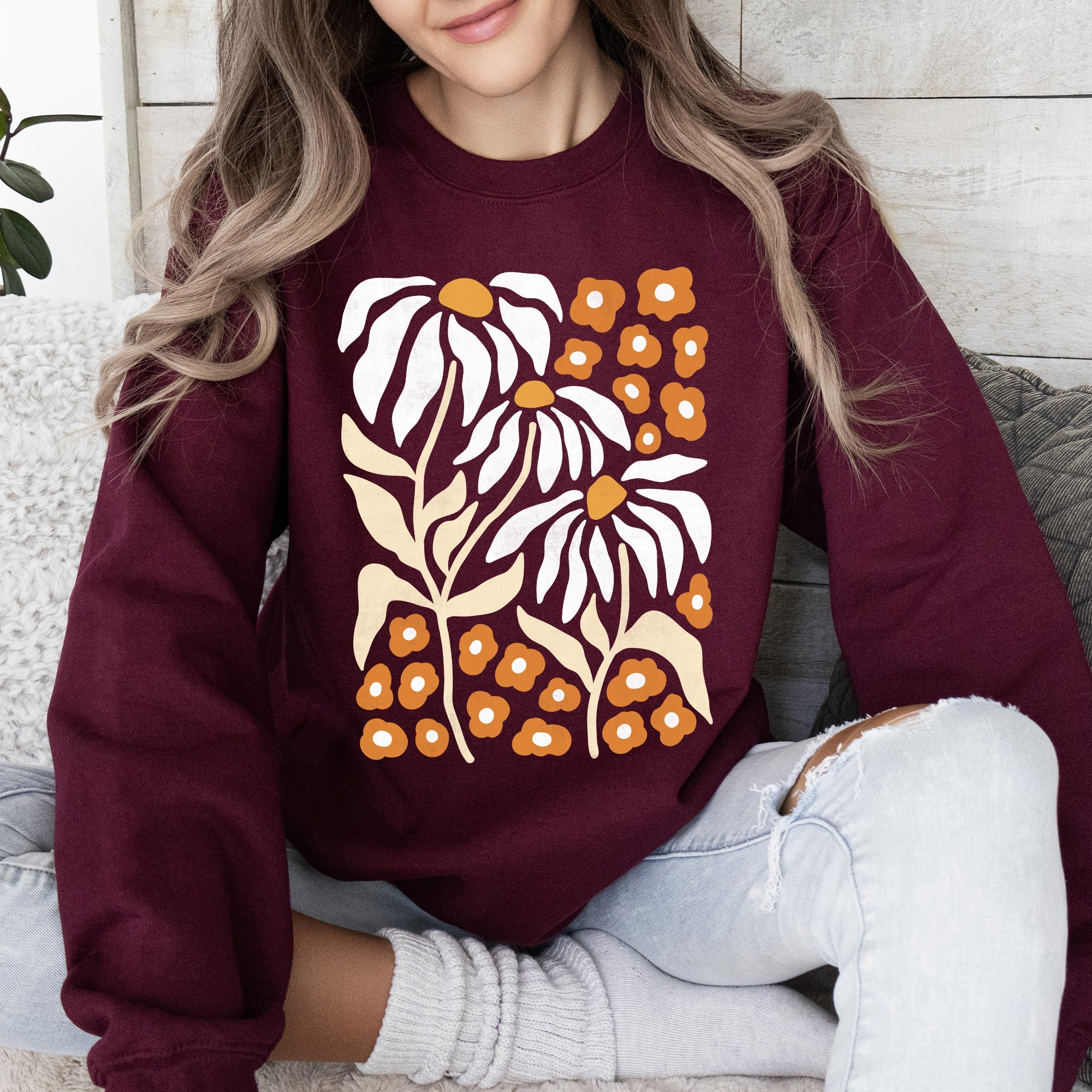 Boho Daisies, Boho Retro Floral Design Vintage Bohemian Blossom Pattern Sweatshirt