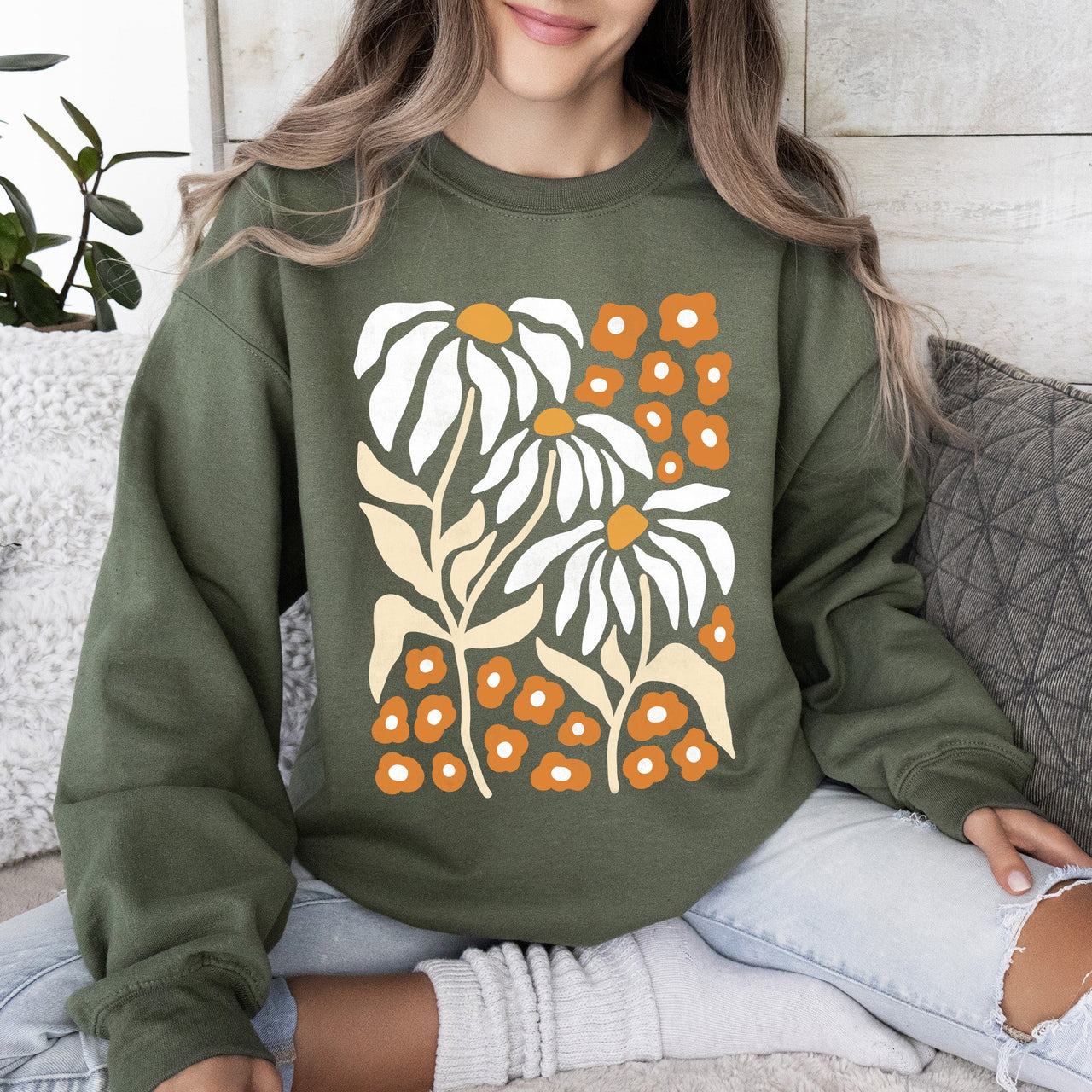 Boho Daisies, Boho Retro Floral Design Vintage Bohemian Blossom Pattern Sweatshirt
