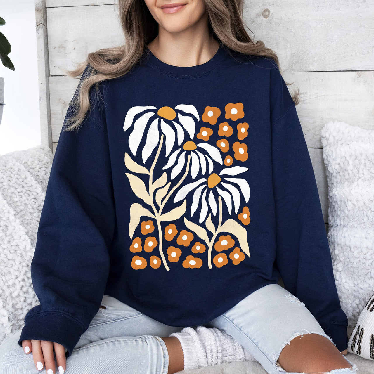 Boho Daisies, Boho Retro Floral Design Vintage Bohemian Blossom Pattern Sweatshirt