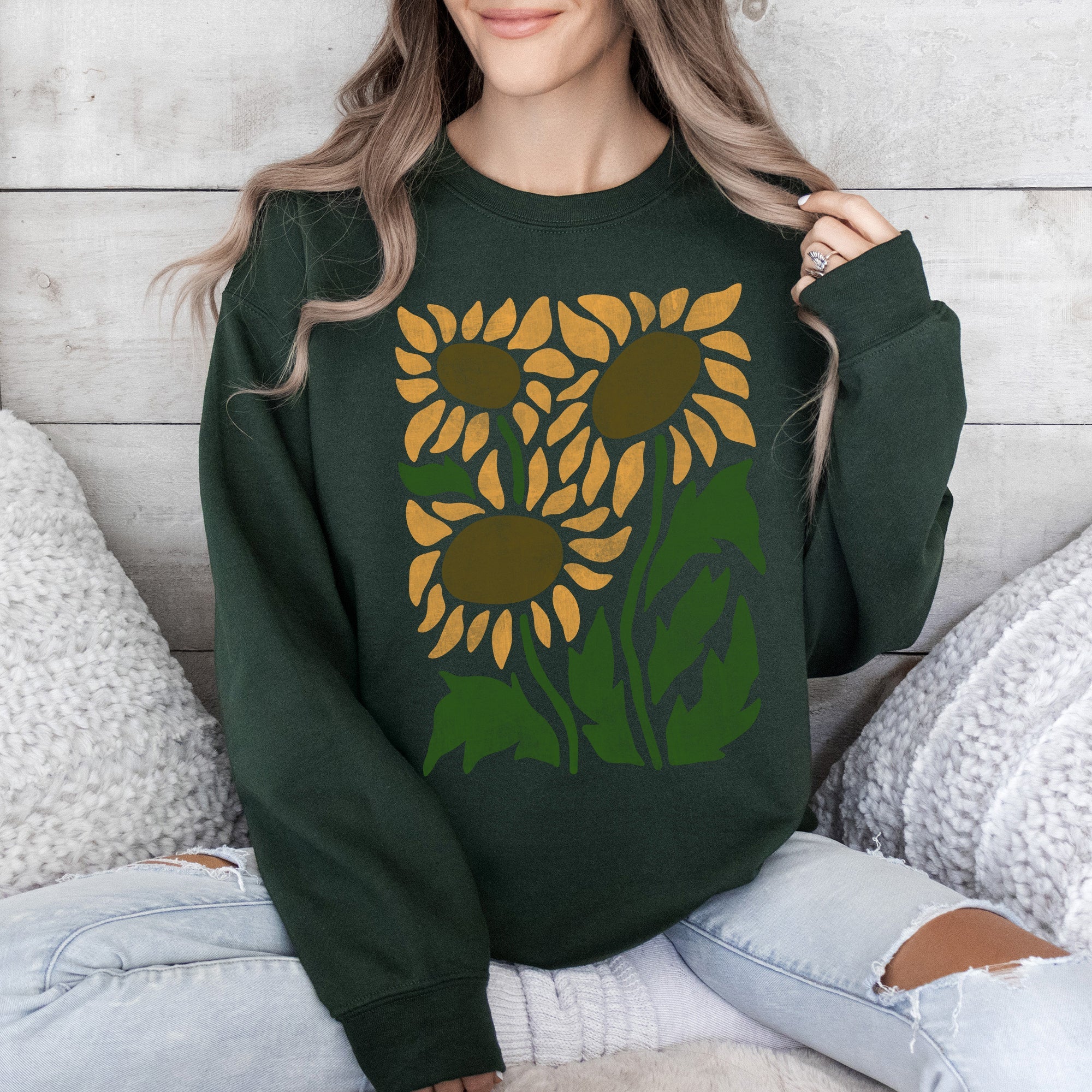 Boho Sunflowers Retro Floral Vintage Bohemian Garden Print Soft Cozy Comfort Sweatshirt