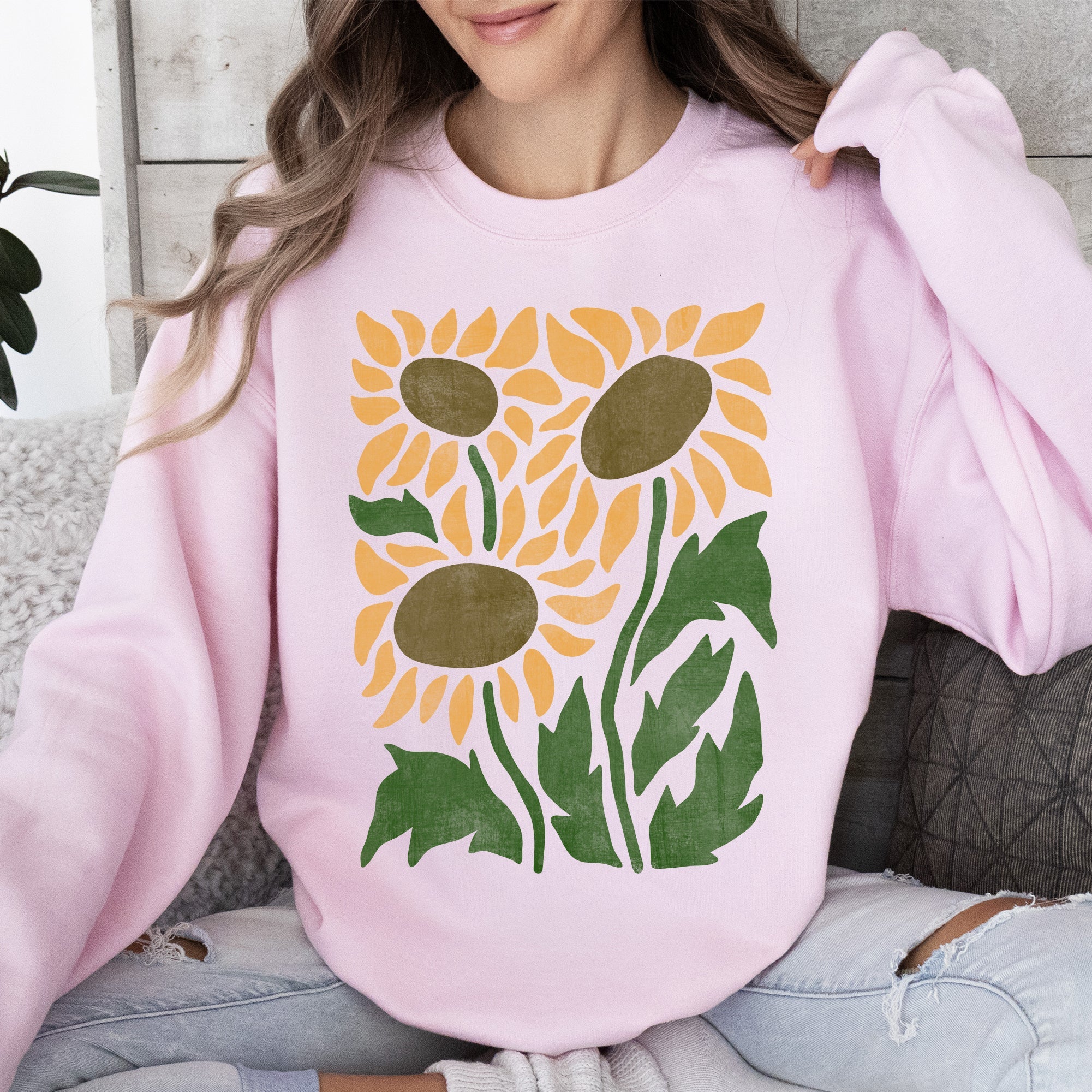 Boho Sunflowers Retro Floral Vintage Bohemian Garden Print Soft Cozy Comfort Sweatshirt