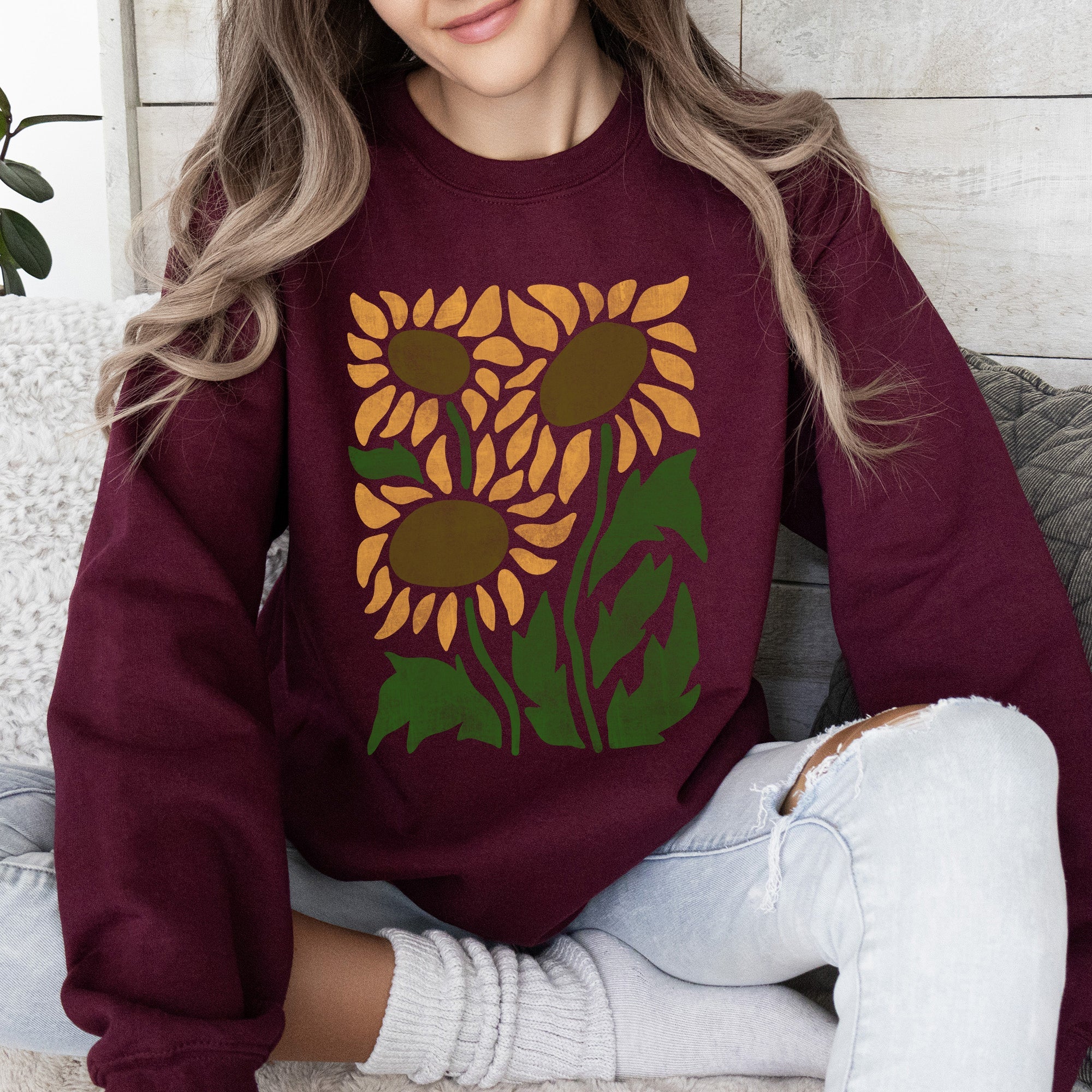 Boho Sunflowers Retro Floral Vintage Bohemian Garden Print Soft Cozy Comfort Sweatshirt