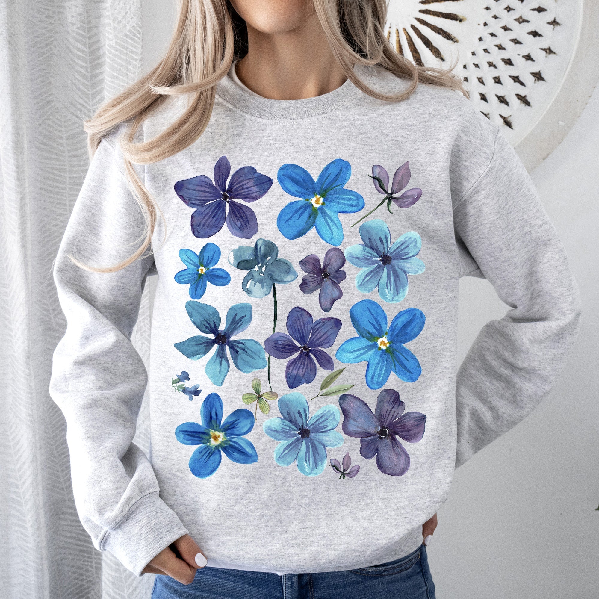 Bold Floral Blues Pressed Flowers Nature Botanical Landscape Artwork Timeless Nature-Inspired Collection Sweatshirt