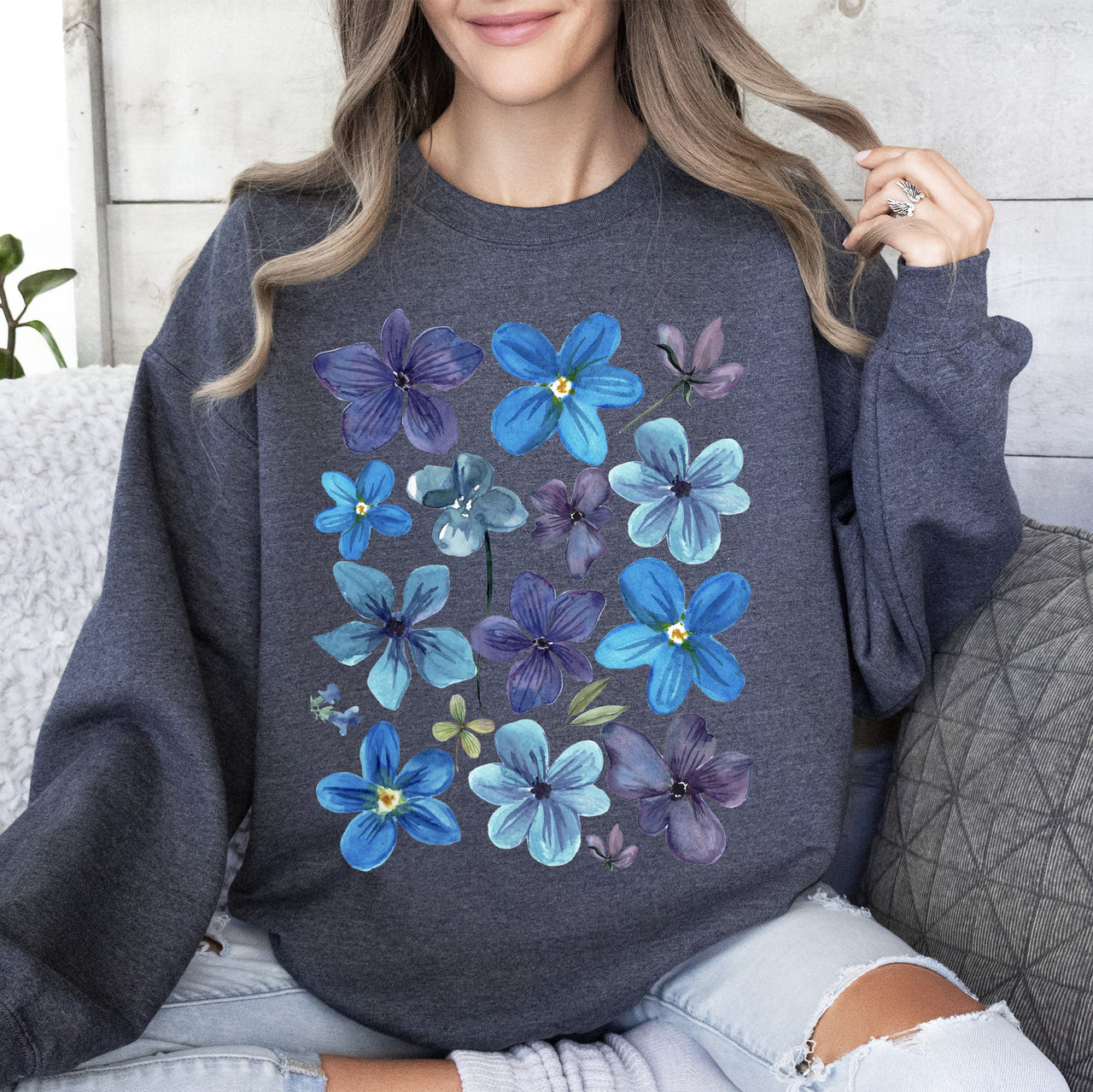 Bold Floral Blues Pressed Flowers Nature Botanical Landscape Artwork Timeless Nature-Inspired Collection Sweatshirt