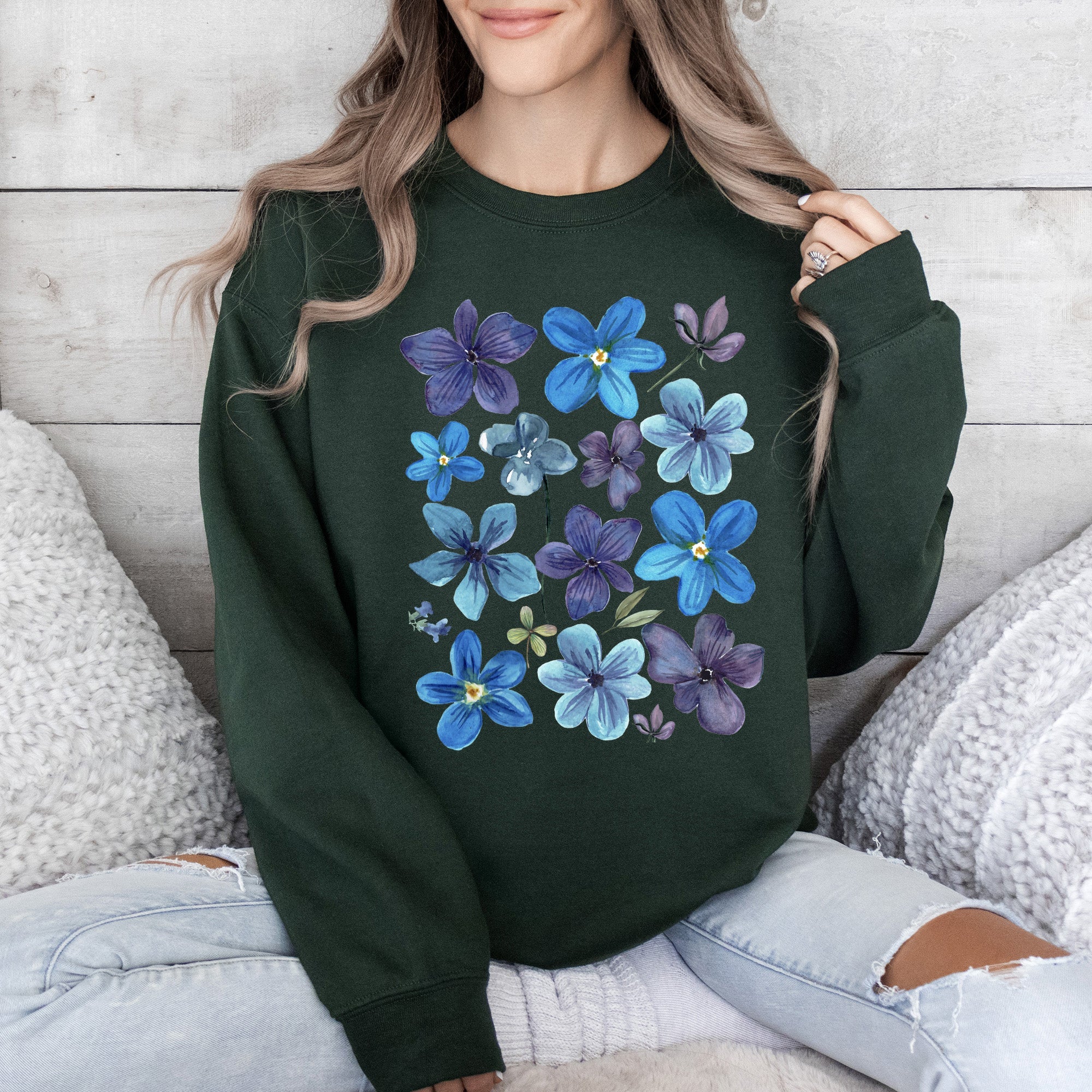 Bold Floral Blues Pressed Flowers Nature Botanical Landscape Artwork Timeless Nature-Inspired Collection Sweatshirt