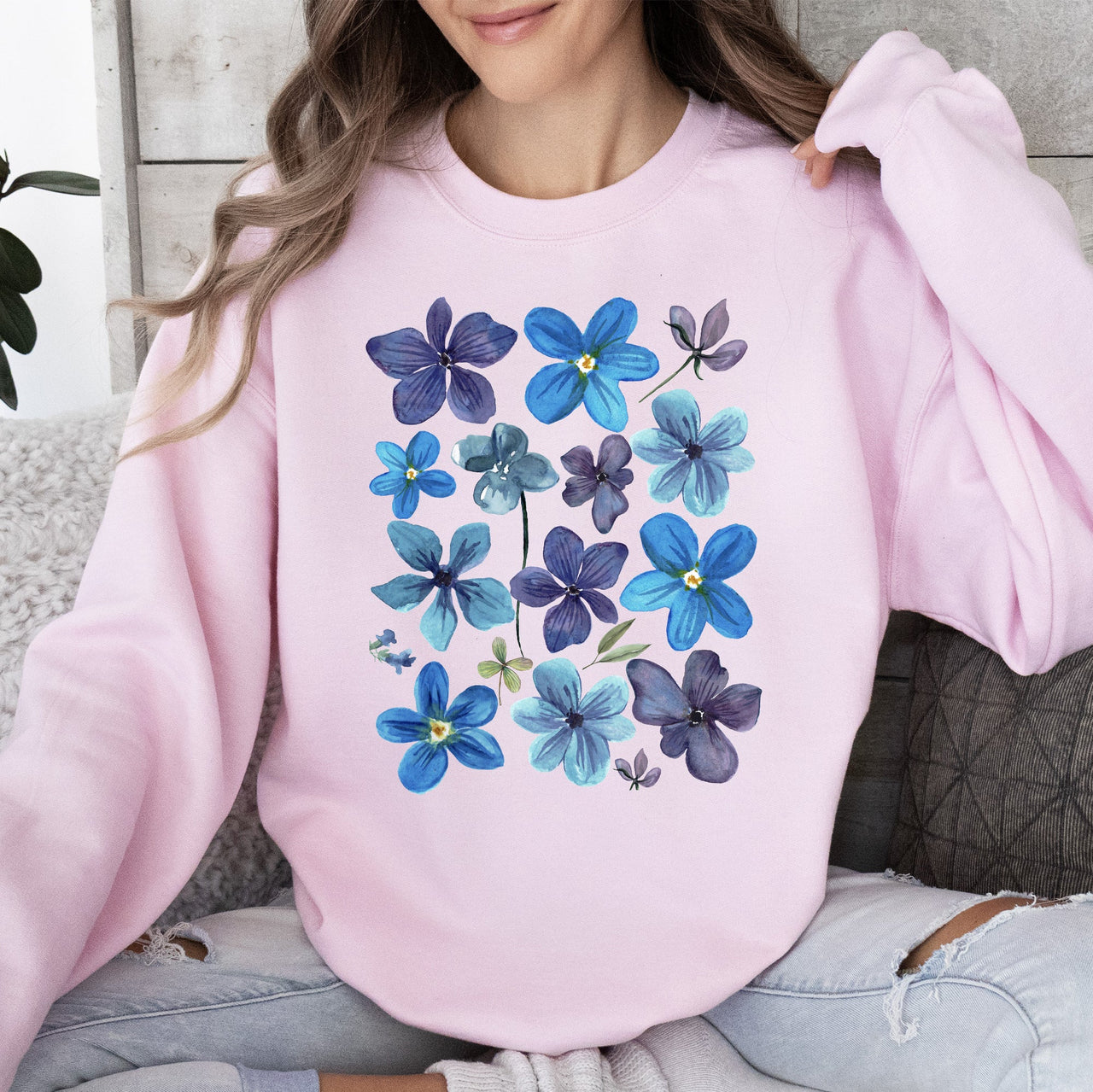 Bold Floral Blues Pressed Flowers Nature Botanical Landscape Artwork Timeless Nature-Inspired Collection Sweatshirt