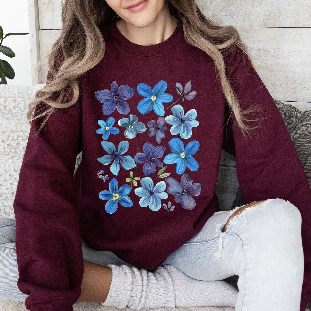 Bold Floral Blues Pressed Flowers Nature Botanical Landscape Artwork Timeless Nature-Inspired Collection Sweatshirt