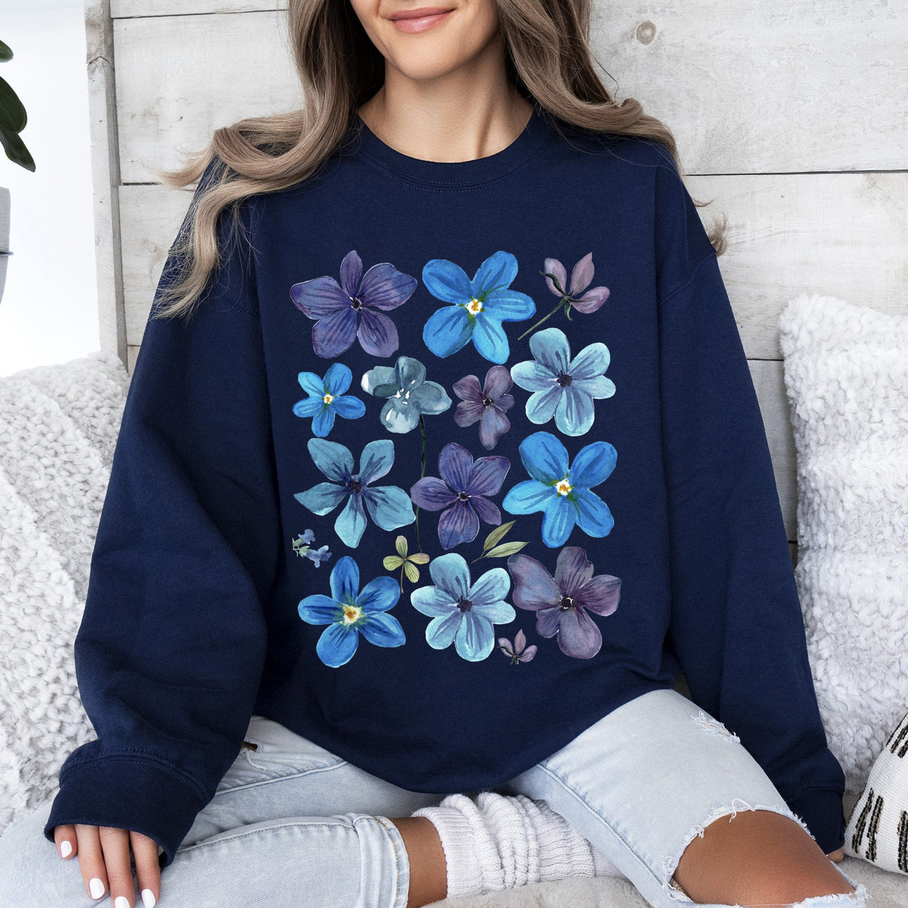 Bold Floral Blues Pressed Flowers Nature Botanical Landscape Artwork Timeless Nature-Inspired Collection Sweatshirt