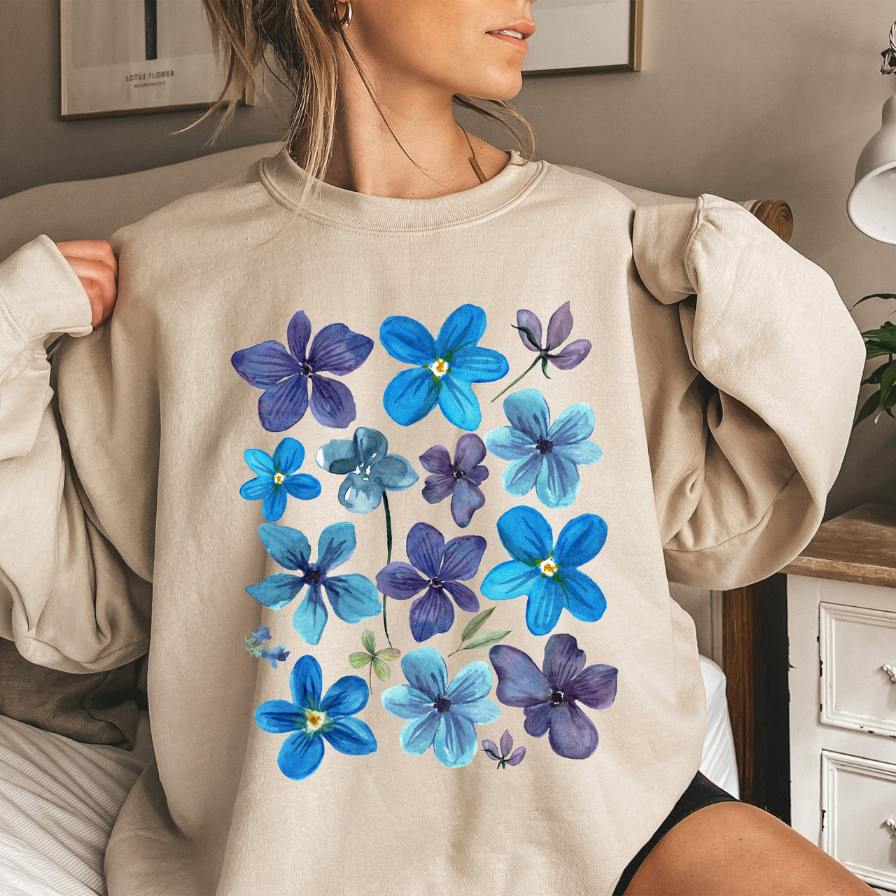 Bold Floral Blues Pressed Flowers Nature Botanical Landscape Artwork Timeless Nature-Inspired Collection Sweatshirt