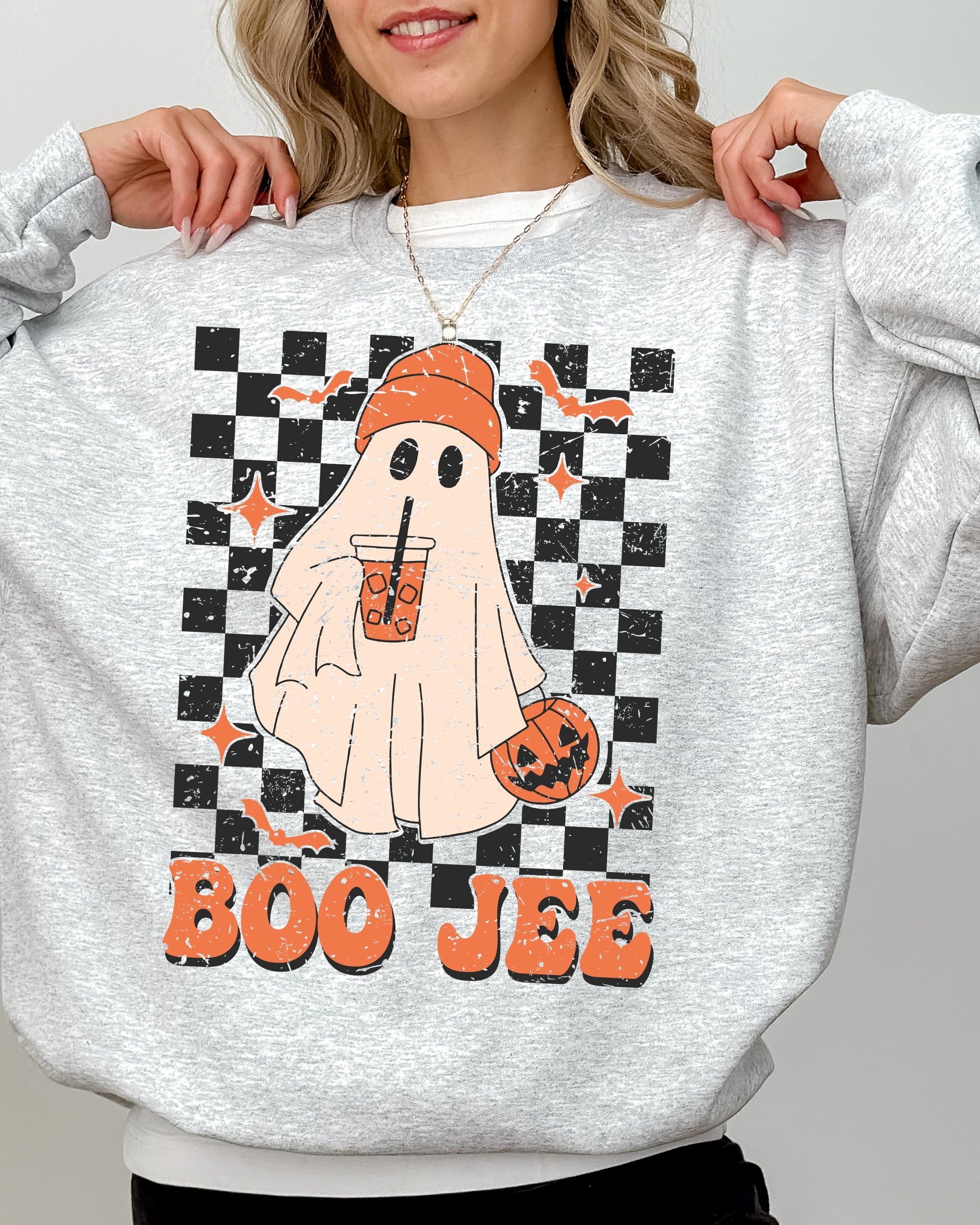 Boo-Jee Ghost Checkered Retro Halloween Coffee Drink Illustration Cozy Sweatshirt