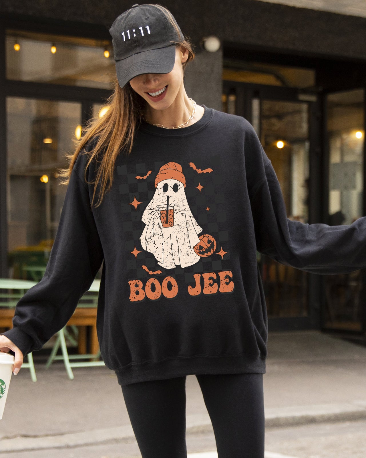 Boo-Jee Ghost Checkered Retro Halloween Coffee Drink Illustration Cozy Sweatshirt