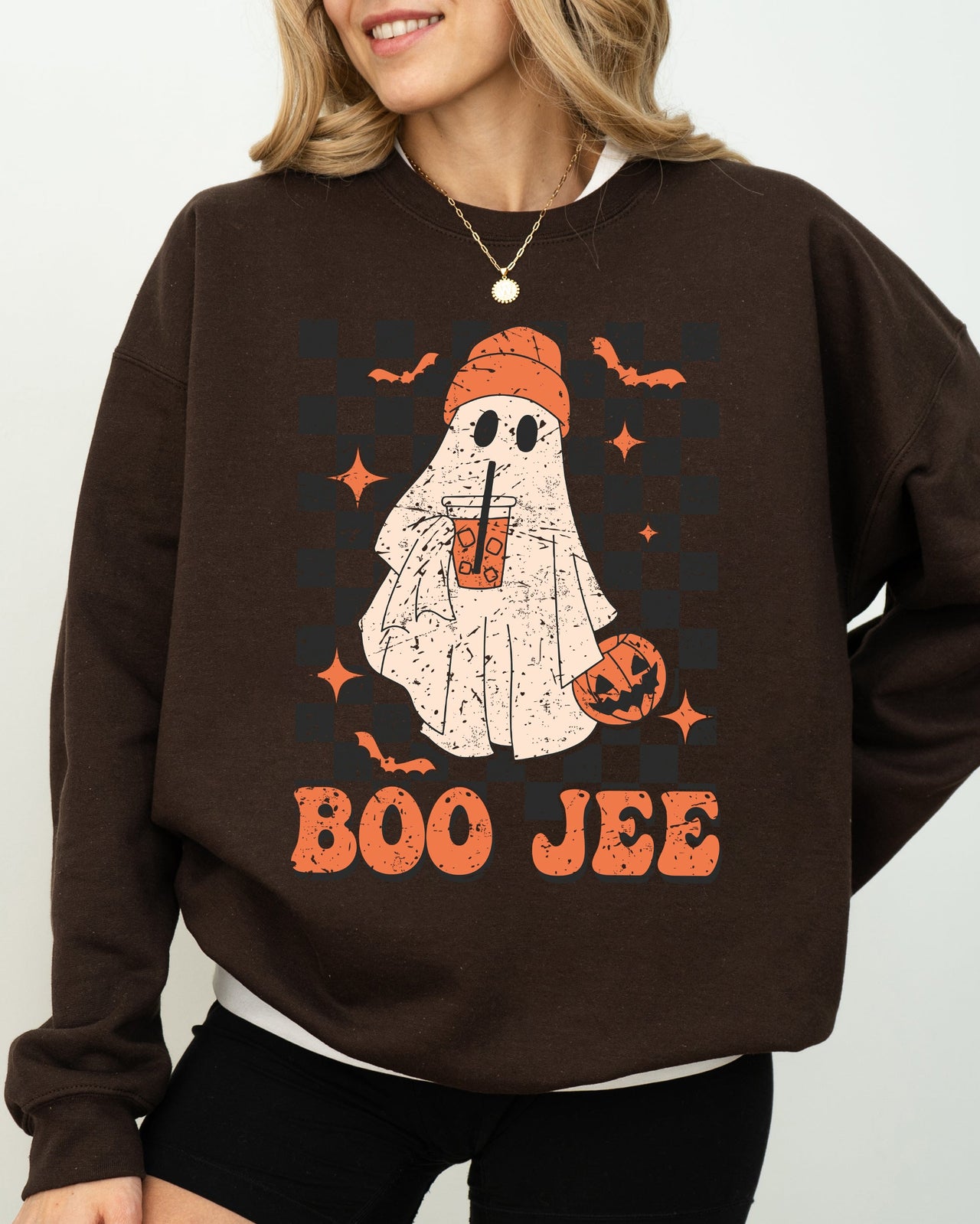 Boo-Jee Ghost Checkered Retro Halloween Coffee Drink Illustration Cozy Sweatshirt