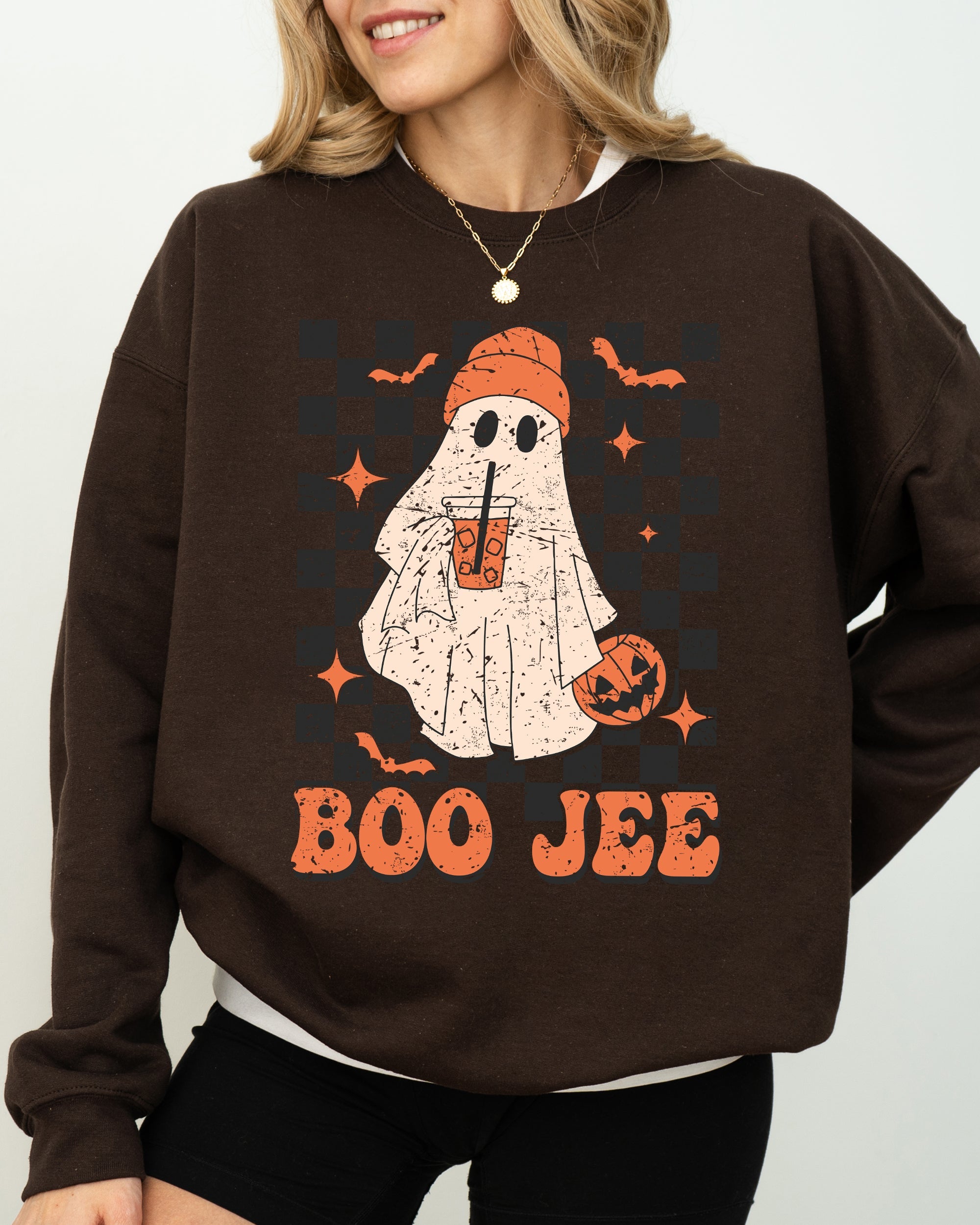 Boo-Jee Ghost Checkered Retro Halloween Coffee Drink Illustration Cozy Sweatshirt