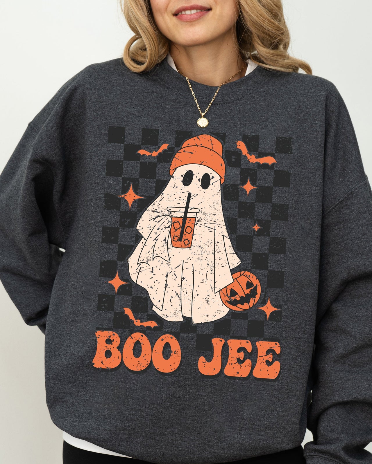 Boo-Jee Ghost Checkered Retro Halloween Coffee Drink Illustration Cozy Sweatshirt