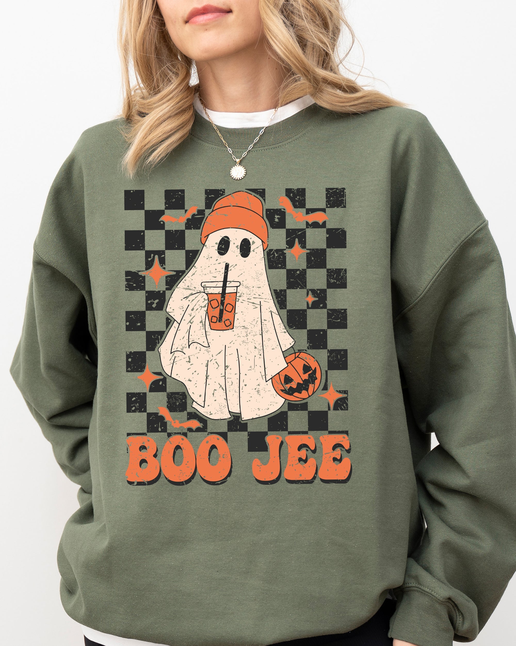 Boo-Jee Ghost Checkered Retro Halloween Coffee Drink Illustration Cozy Sweatshirt