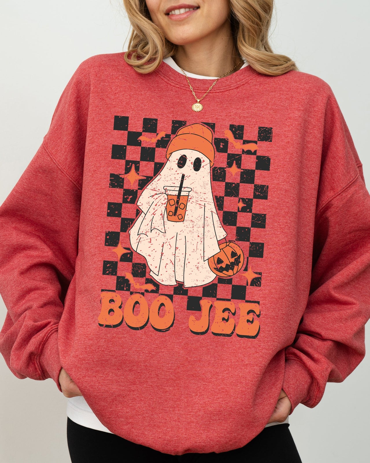 Boo-Jee Ghost Checkered Retro Halloween Coffee Drink Illustration Cozy Sweatshirt