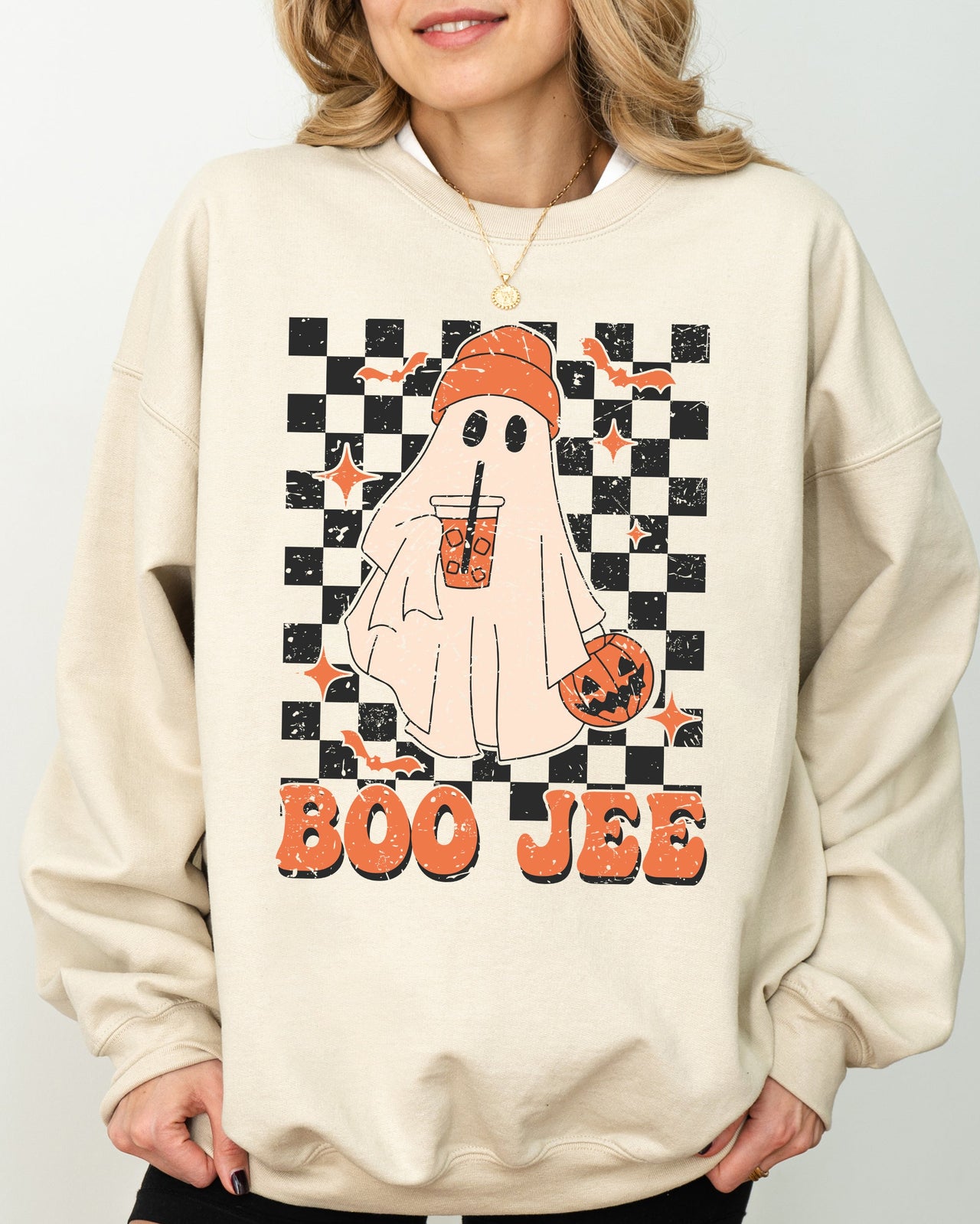 Boo-Jee Ghost Checkered Retro Halloween Coffee Drink Illustration Cozy Sweatshirt