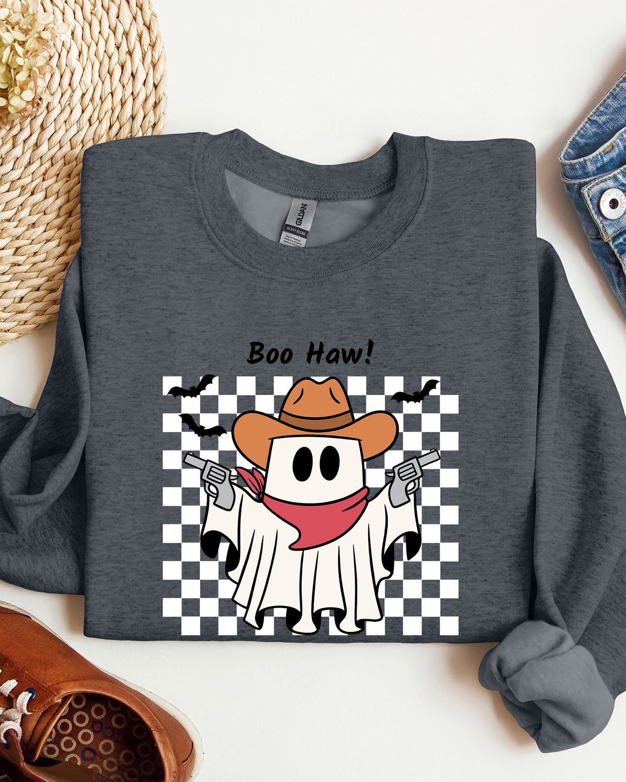 Boo Haw Cowboy Ghost Checkered Western Halloween Edition Premium Graphic Sweatshirt