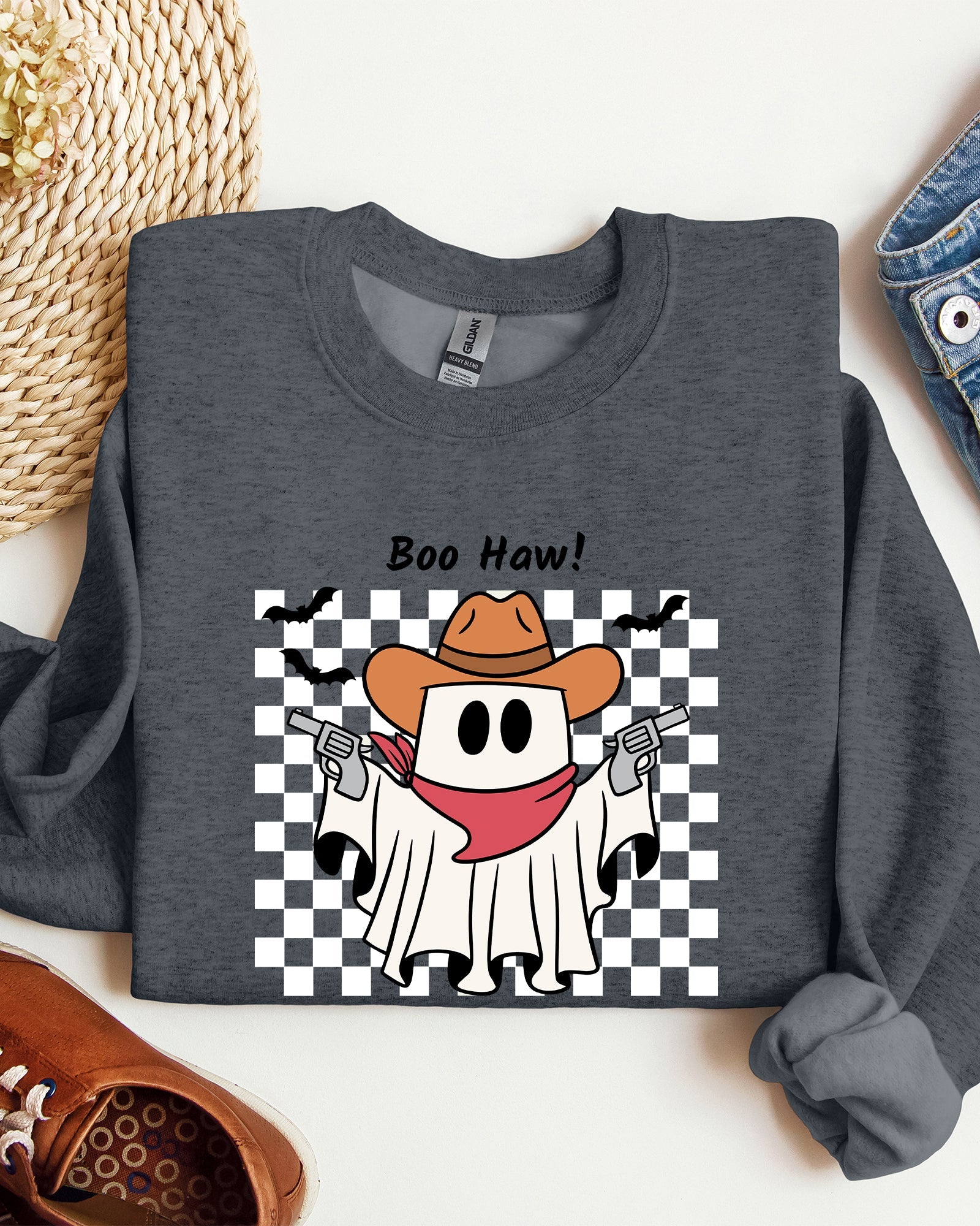 Boo Haw Cowboy Ghost Checkered Western Halloween Edition Premium Graphic Sweatshirt