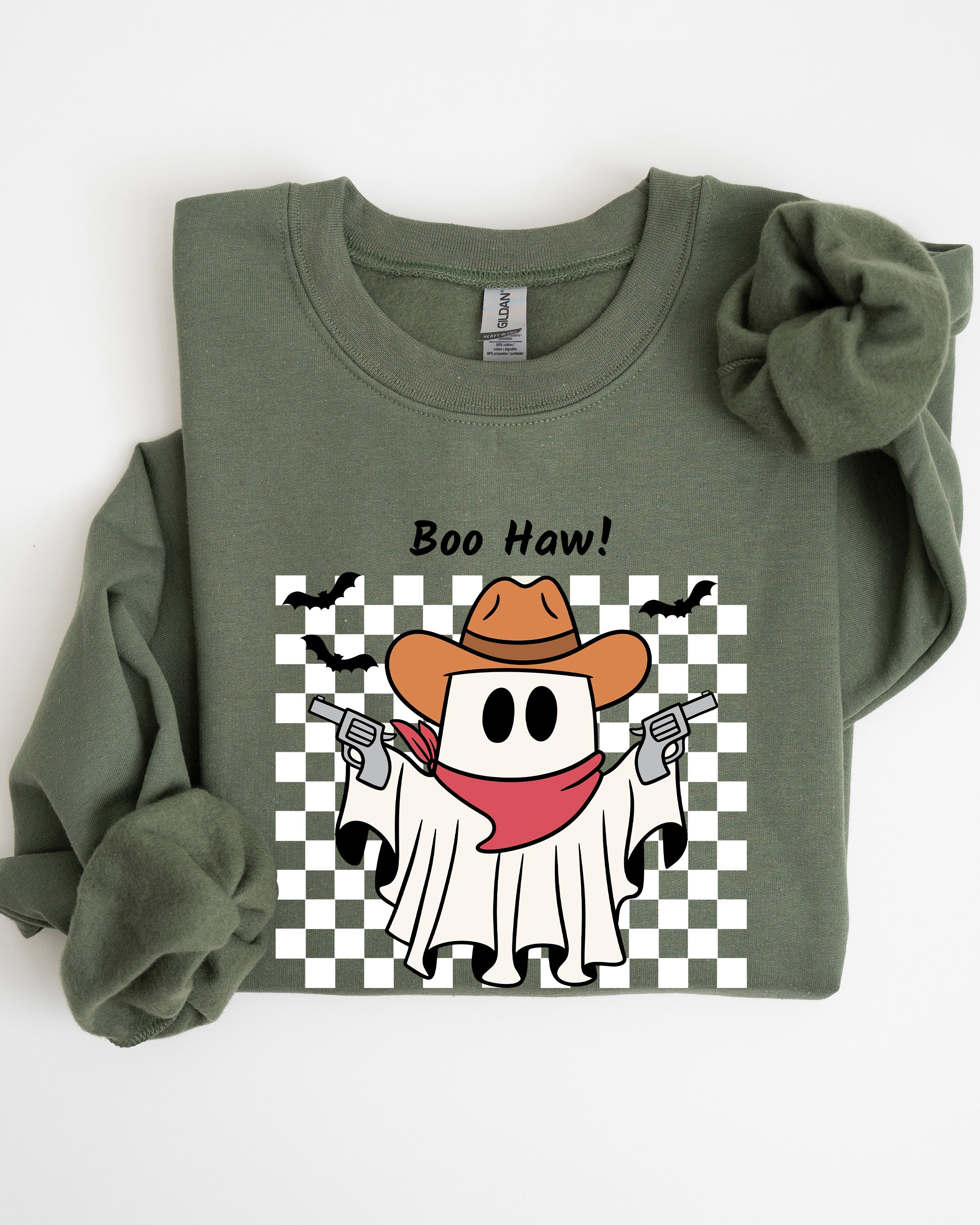 Boo Haw Cowboy Ghost Checkered Western Halloween Edition Premium Graphic Sweatshirt