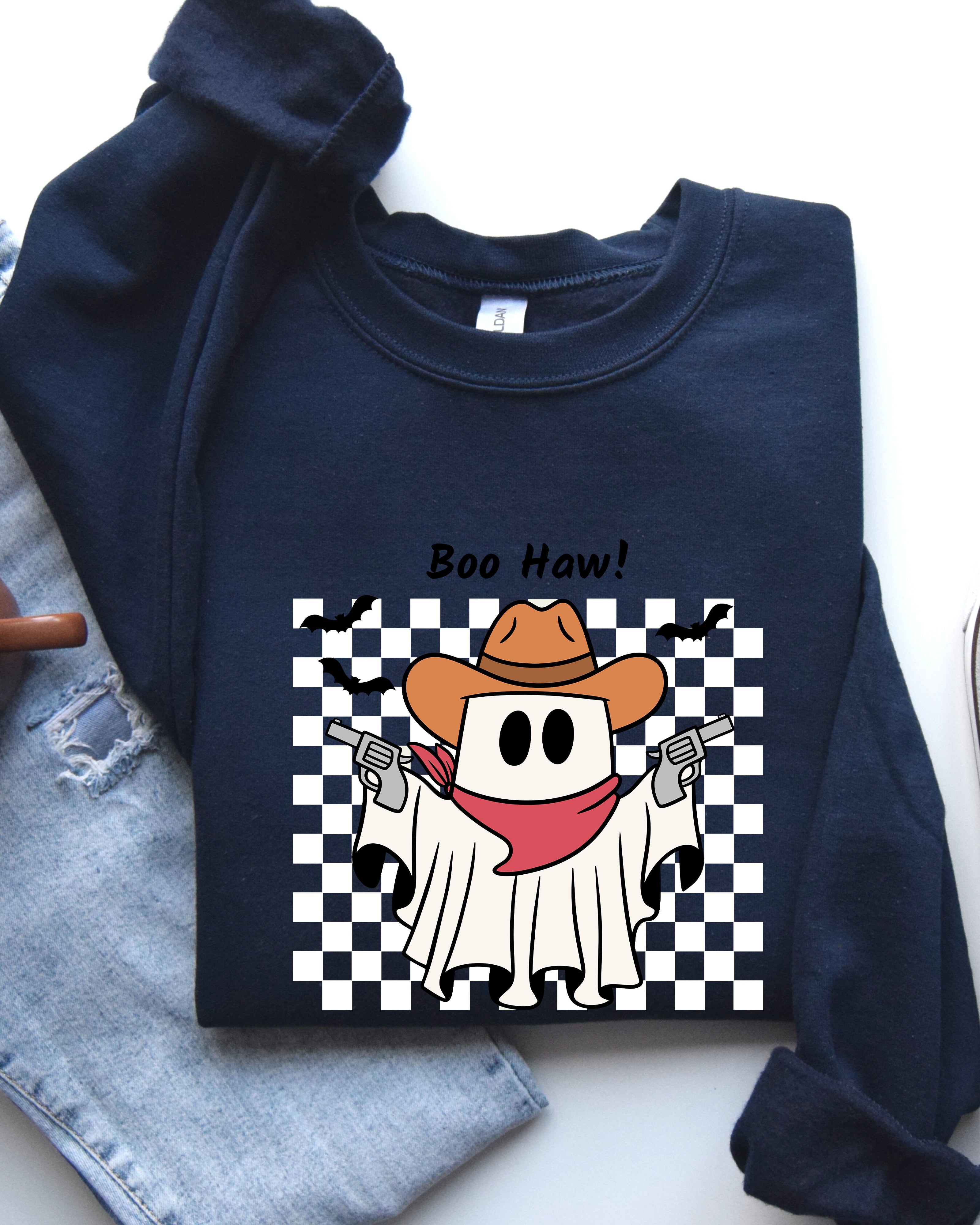 Boo Haw Cowboy Ghost Checkered Western Halloween Edition Premium Graphic Sweatshirt