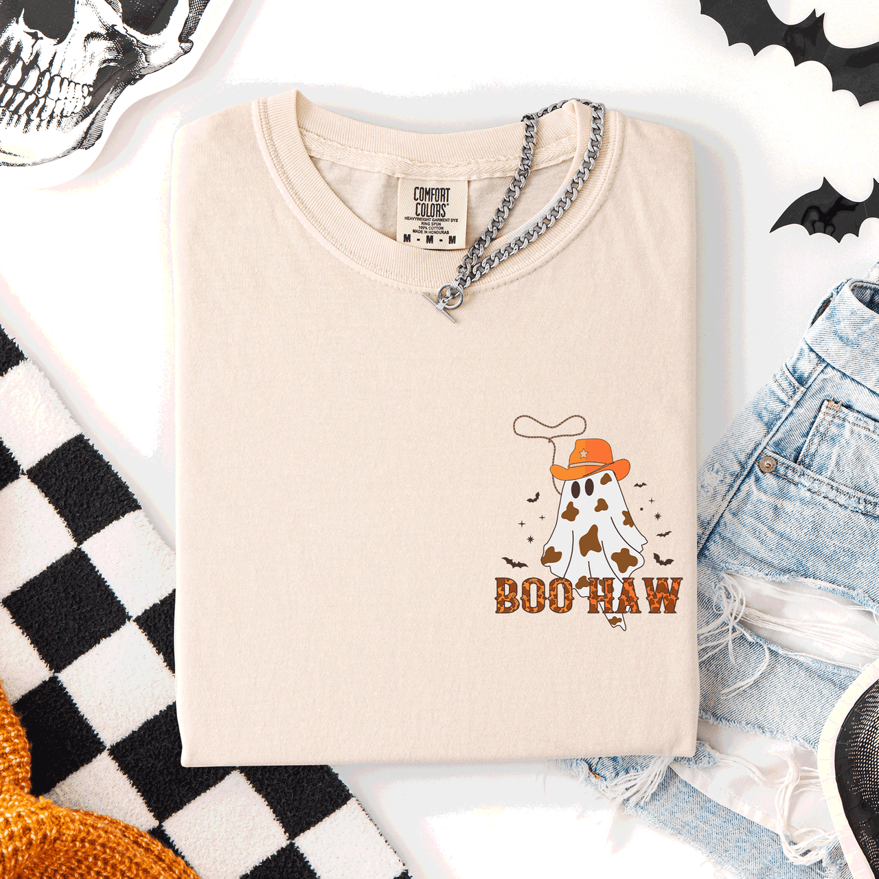Boo Haw Cowboy Western Halloween Pocket Ghost Town Rodeo Saloon Scene Evening Sunset Comfort Colors Tee