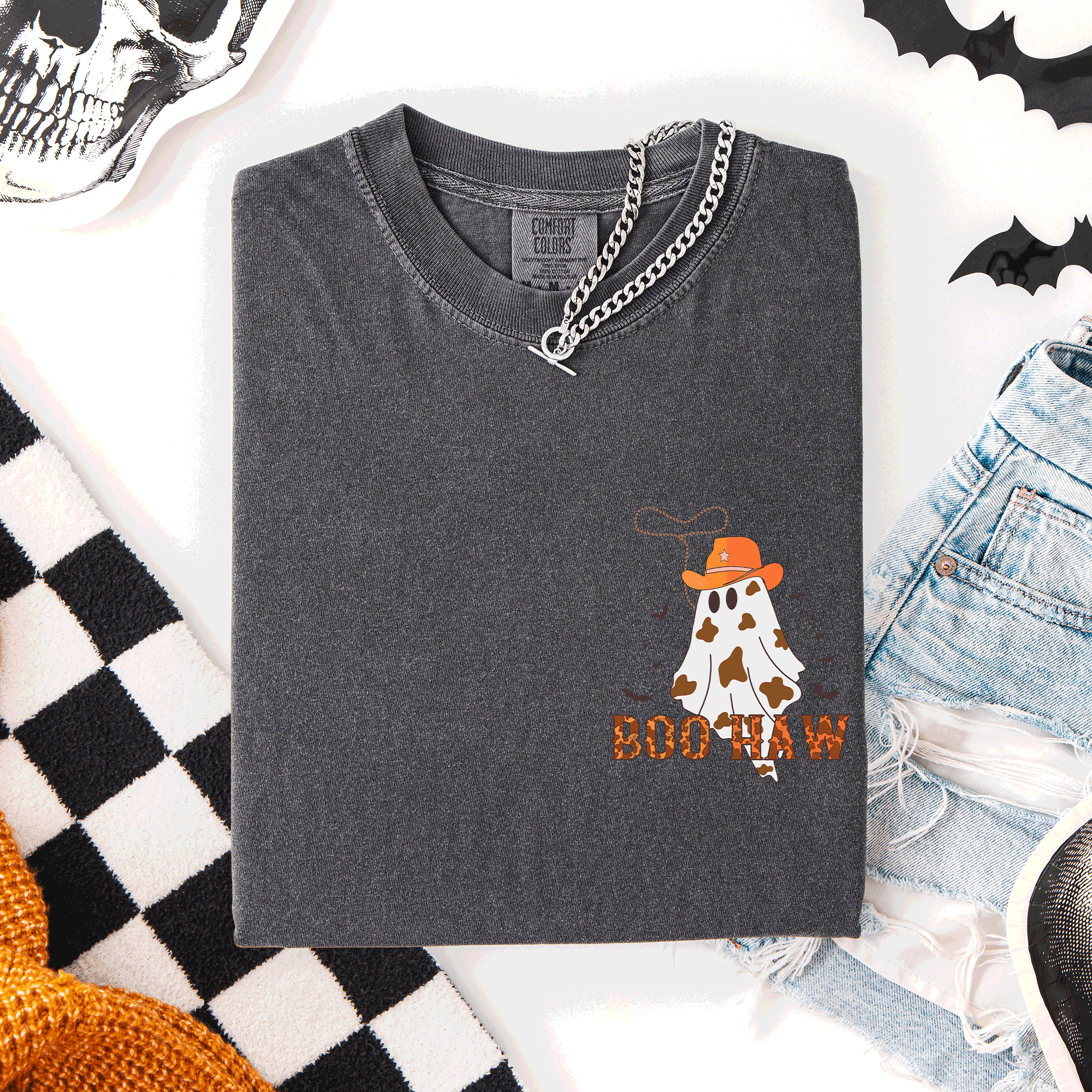 Boo Haw Cowboy Western Halloween Pocket Ghost Town Rodeo Saloon Scene Evening Sunset Comfort Colors Tee