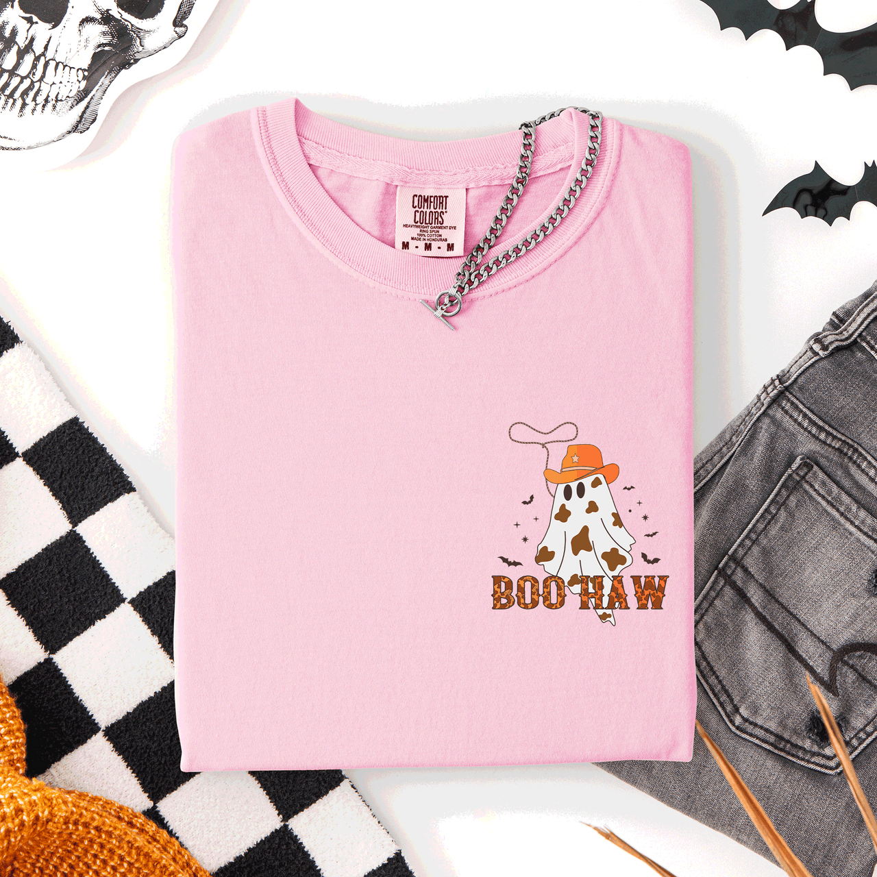 Boo Haw Cowboy Western Halloween Pocket Ghost Town Rodeo Saloon Scene Evening Sunset Comfort Colors Tee