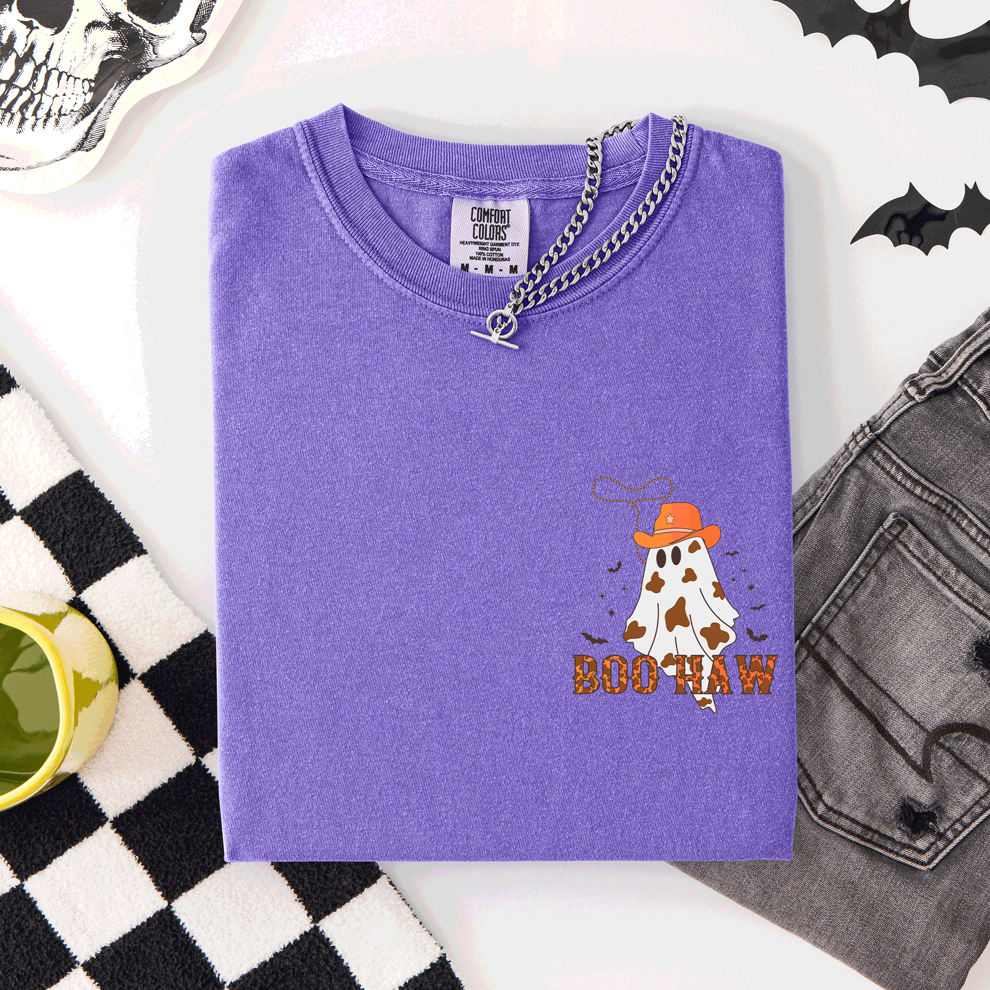 Boo Haw Cowboy Western Halloween Pocket Ghost Town Rodeo Saloon Scene Evening Sunset Comfort Colors Tee