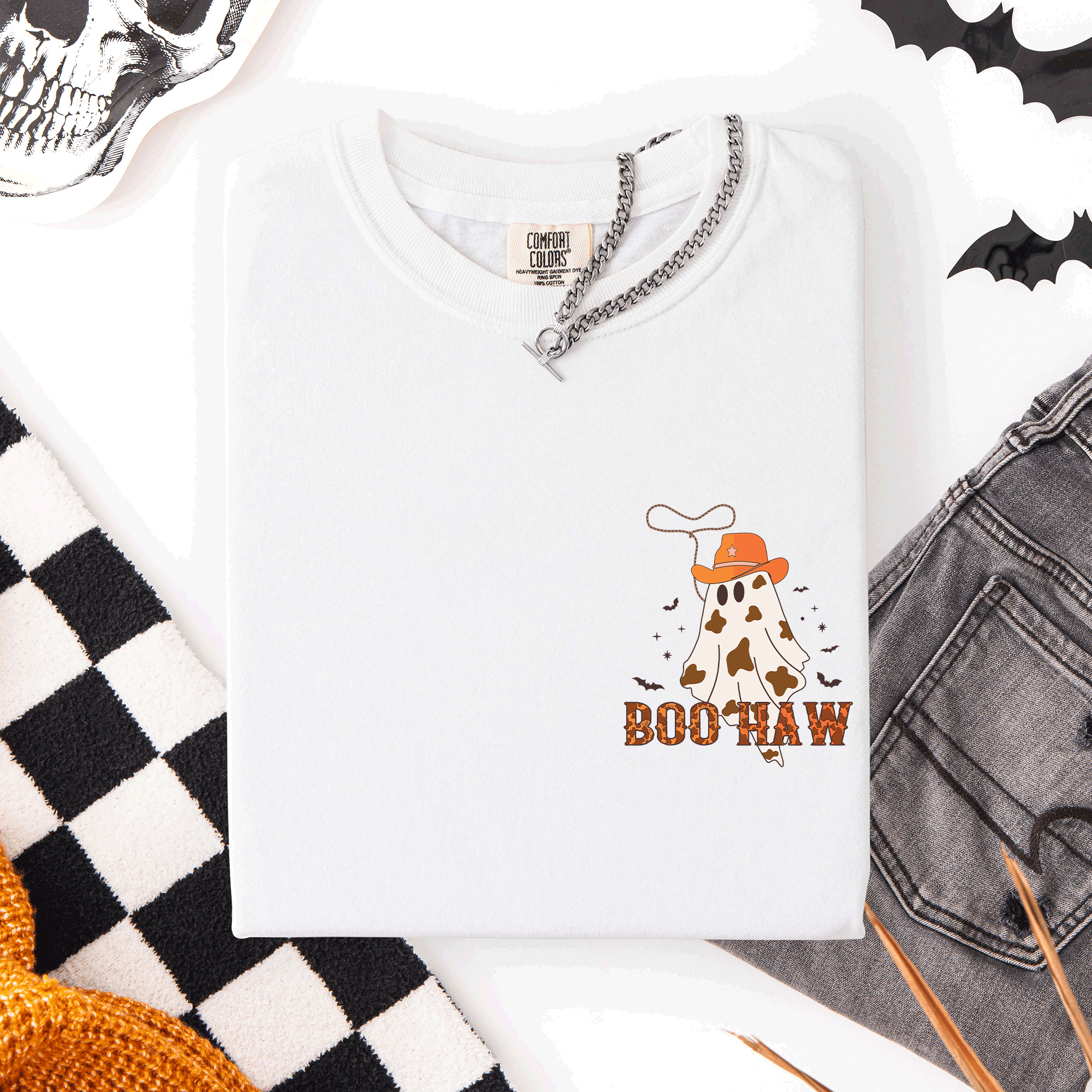 Boo Haw Cowboy Western Halloween Pocket Ghost Town Rodeo Saloon Scene Evening Sunset Comfort Colors Tee