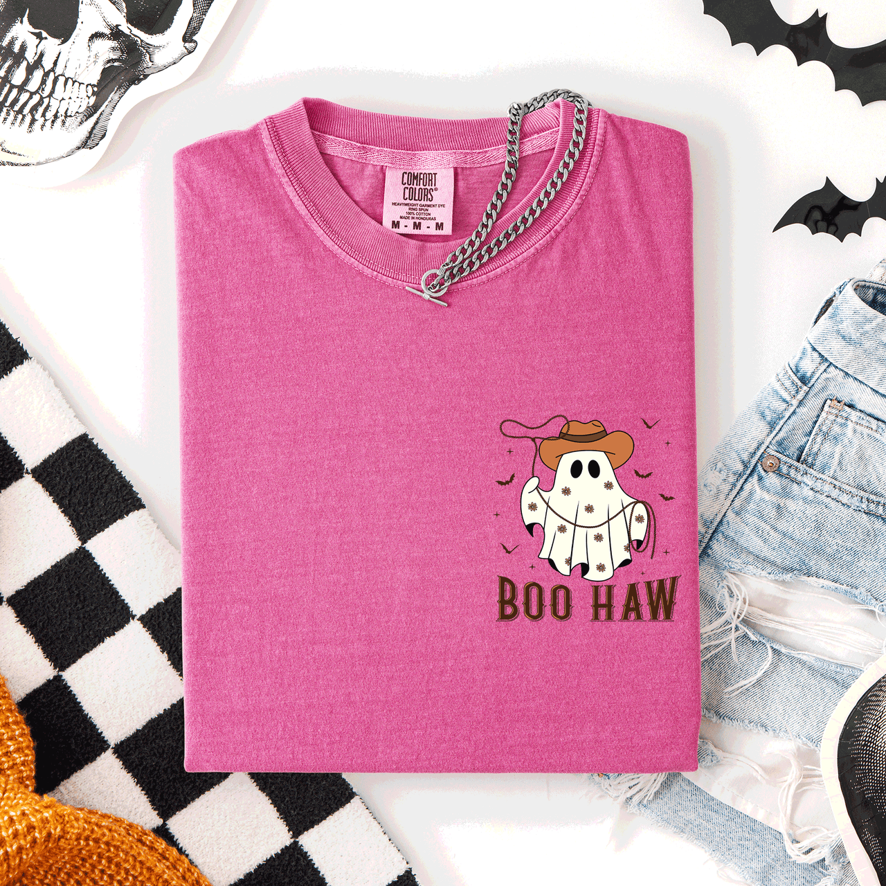 Boo Haw Lasso Cowboy Western Country Halloween Pocket Distressed Print Edition Comfort Colors Tee