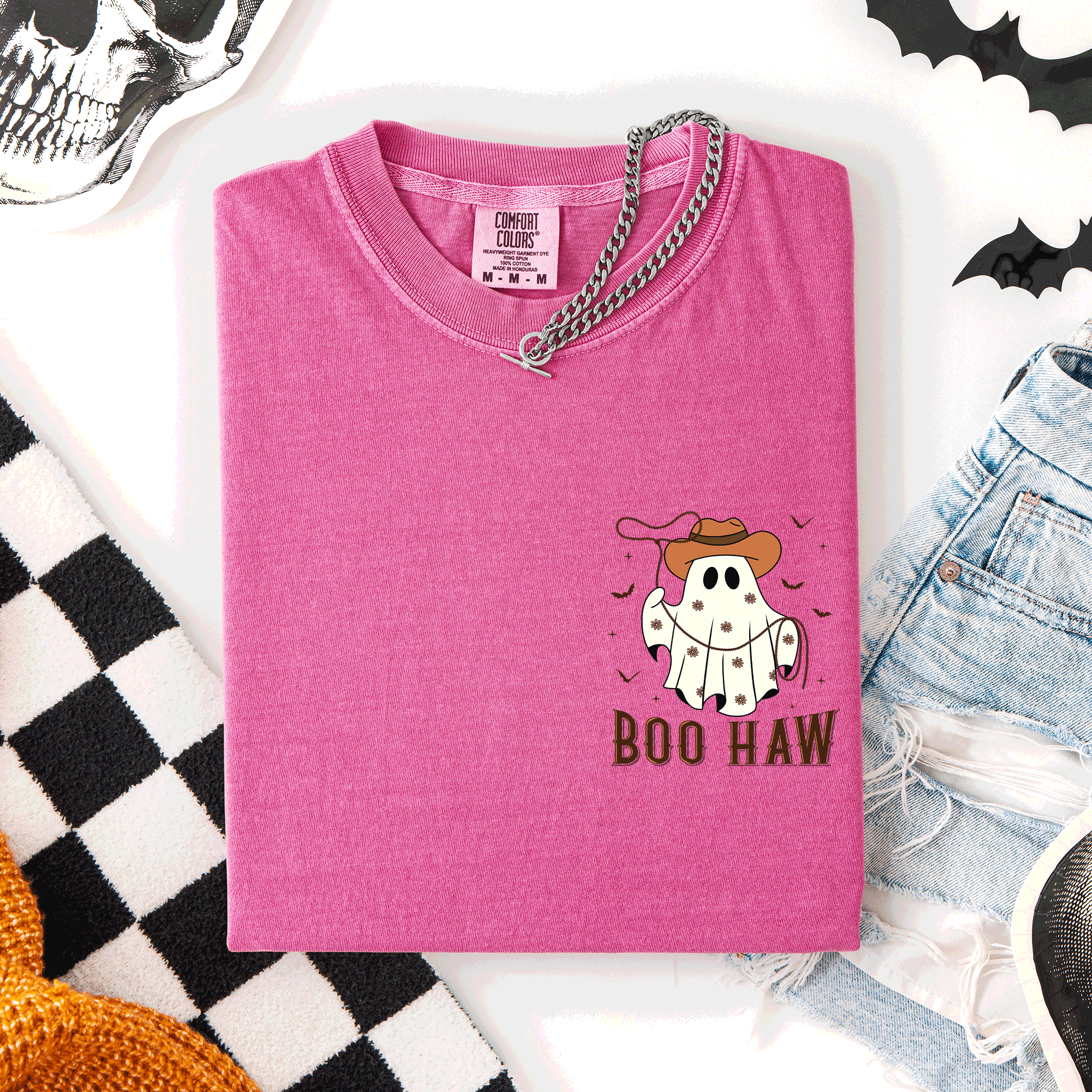 Boo Haw Lasso Cowboy Western Country Halloween Pocket Distressed Print Edition Comfort Colors Tee