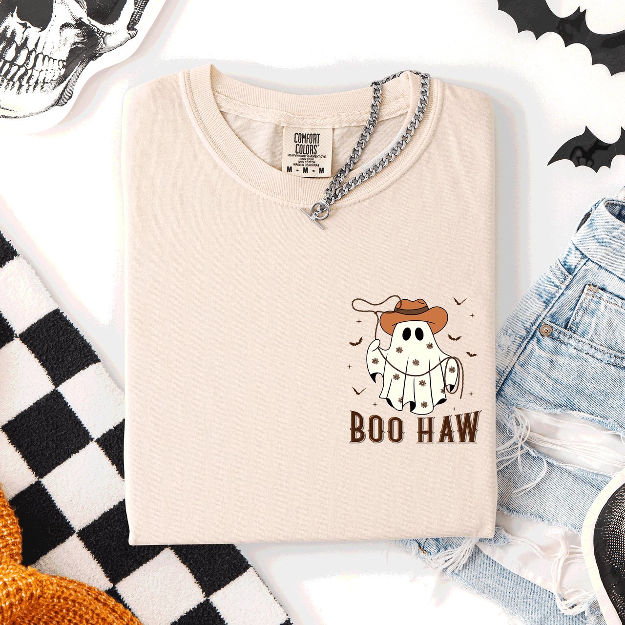 Boo Haw Lasso Cowboy Western Country Halloween Pocket Distressed Print Edition Comfort Colors Tee
