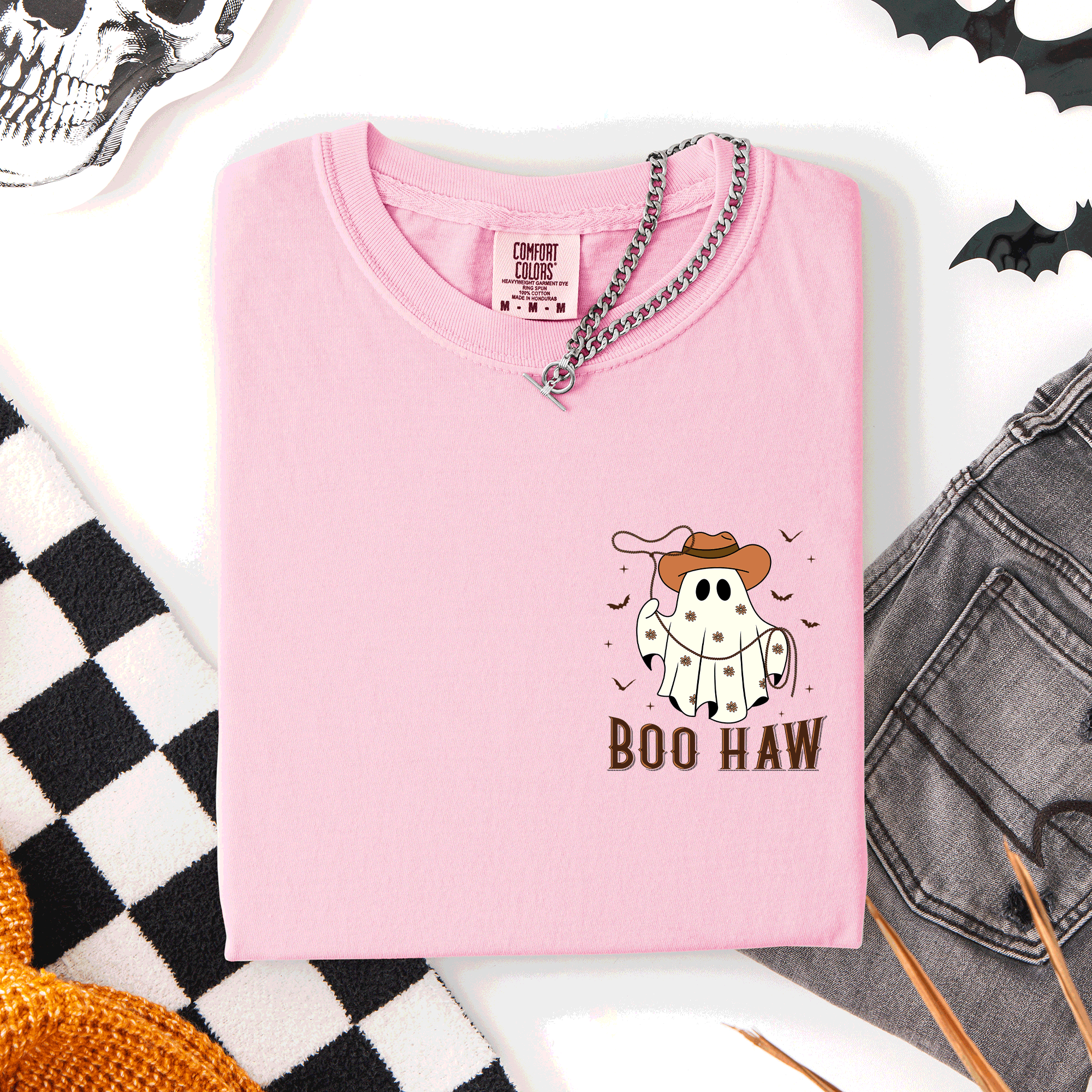 Boo Haw Lasso Cowboy Western Country Halloween Pocket Distressed Print Edition Comfort Colors Tee