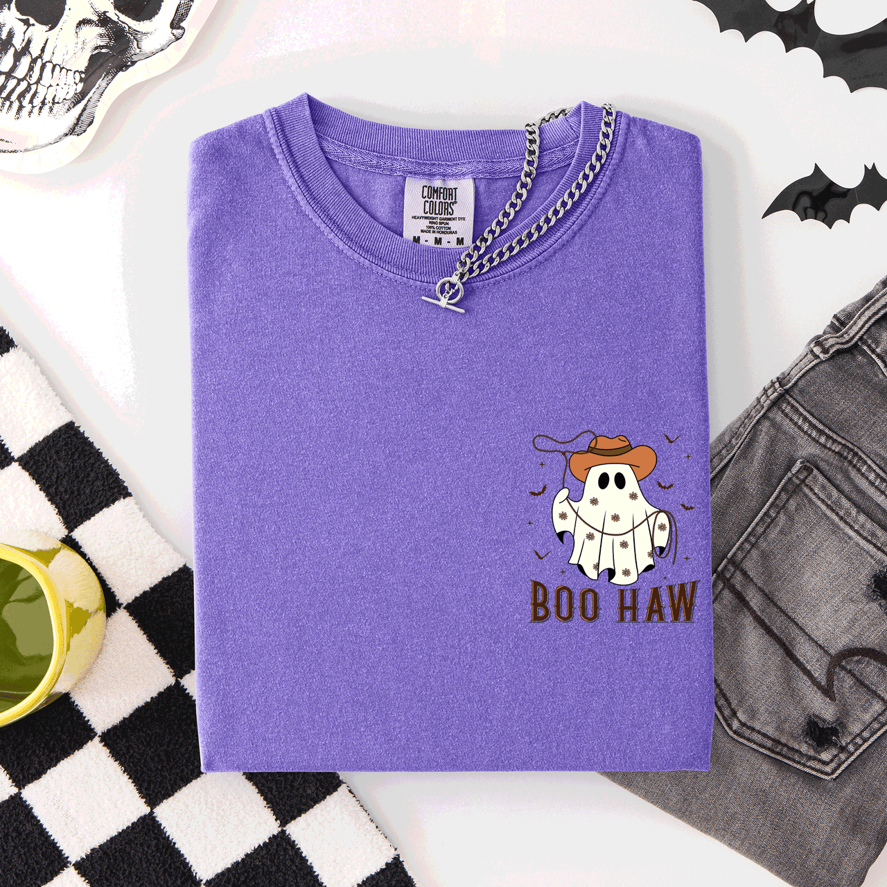 Boo Haw Lasso Cowboy Western Country Halloween Pocket Distressed Print Edition Comfort Colors Tee