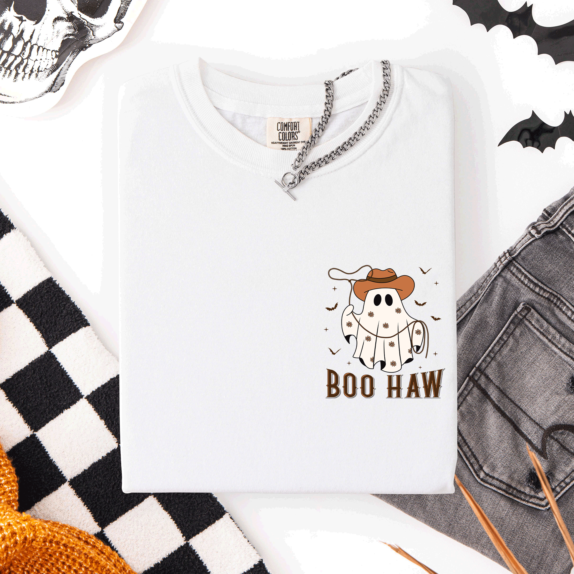 Boo Haw Lasso Cowboy Western Country Halloween Pocket Distressed Print Edition Comfort Colors Tee