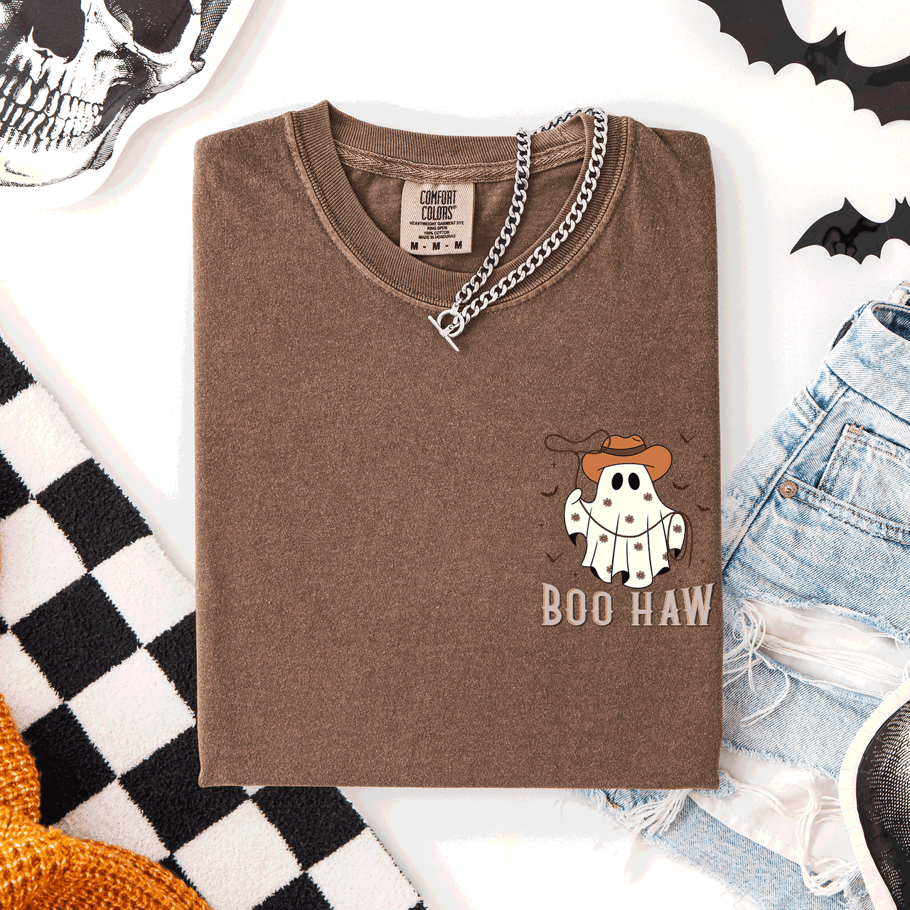 Boo Haw Lasso Cowboy Western Country Halloween Pocket Distressed Print Edition Comfort Colors Tee