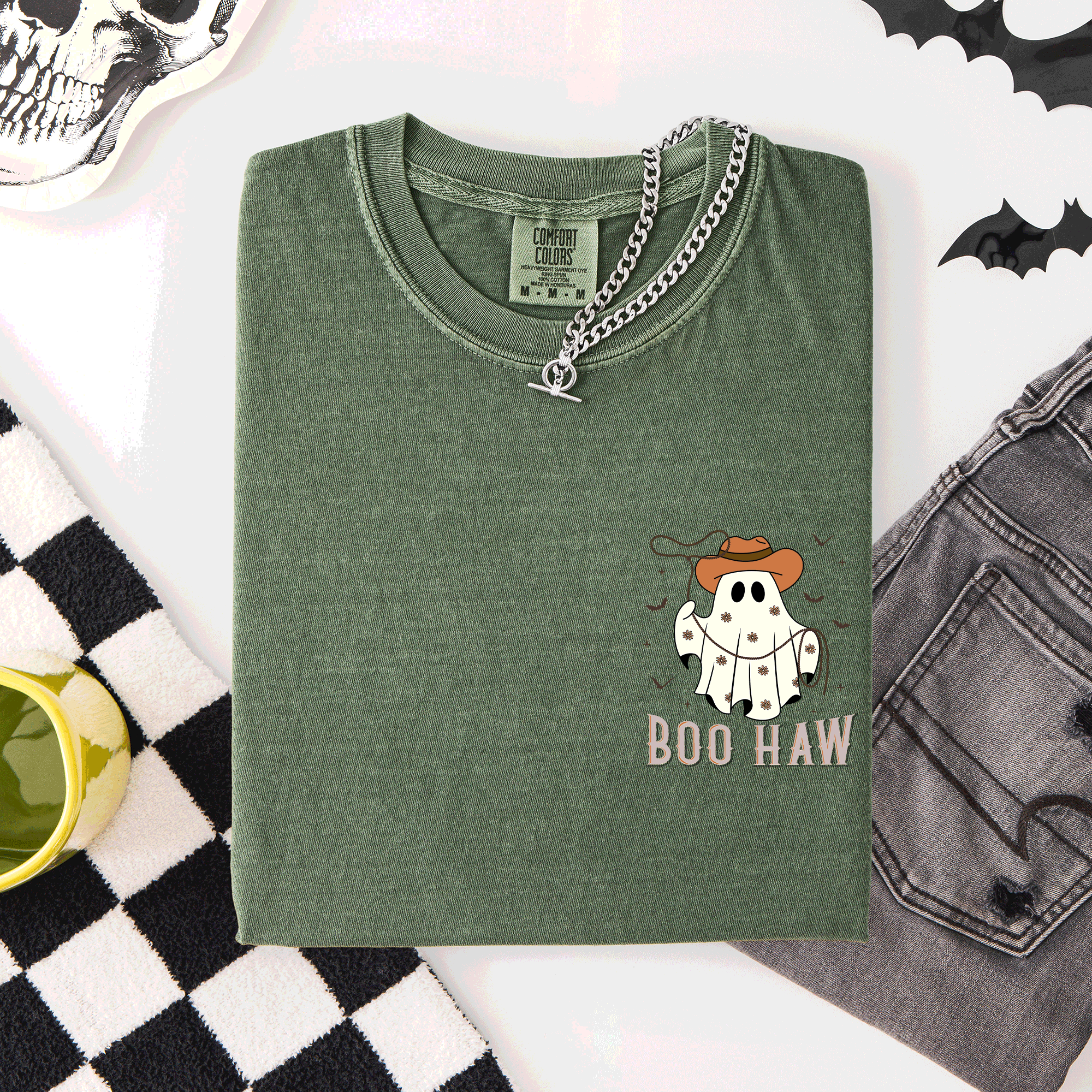 Boo Haw Lasso Cowboy Western Country Halloween Pocket Distressed Print Edition Comfort Colors Tee
