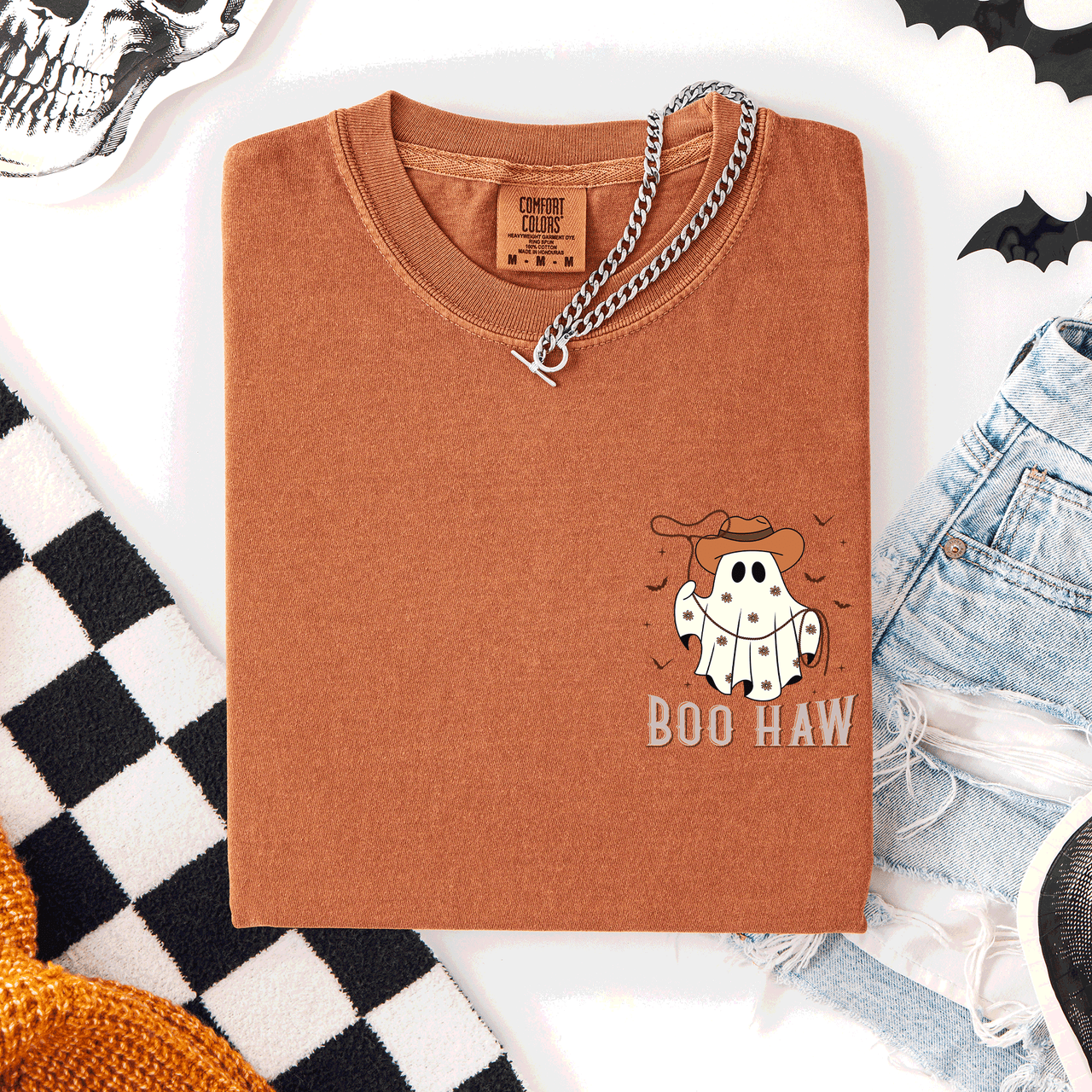 Boo Haw Lasso Cowboy Western Country Halloween Pocket Distressed Print Edition Comfort Colors Tee