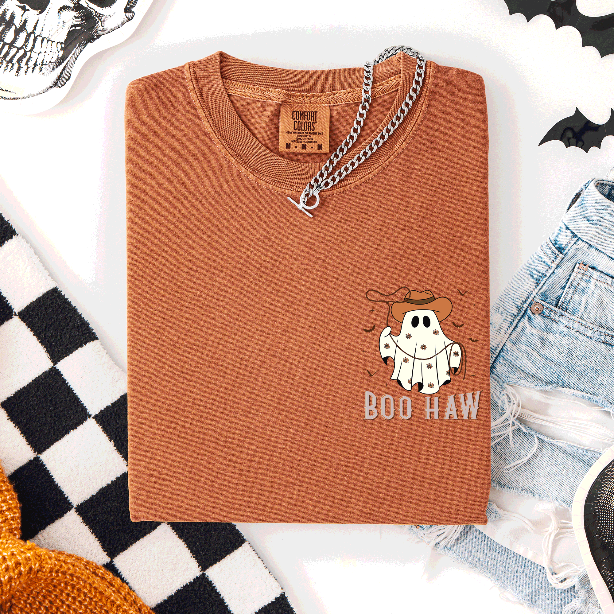 Boo Haw Lasso Cowboy Western Country Halloween Pocket Distressed Print Edition Comfort Colors Tee