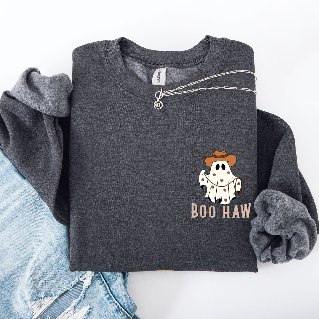 Boo Haw Lasso Cowboy Western Halloween Spirit Of The Wild Frontier Classic Western Quote Pocket Sweatshirt