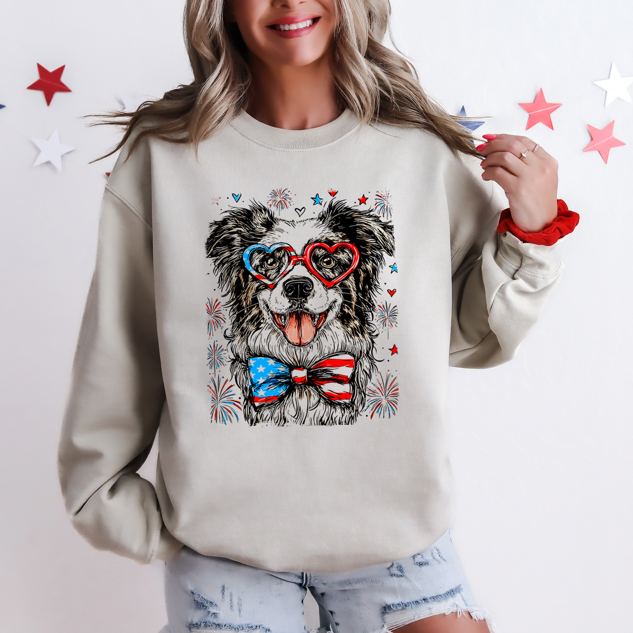 Border Collie Patriotic Dog USA America Pet Lover 4th Of July Cozy Fleece Sweatshirt