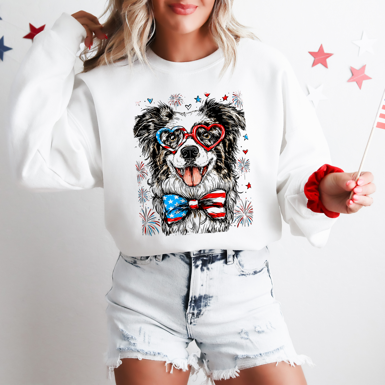Border Collie Patriotic Dog USA America Pet Lover 4th Of July Cozy Fleece Sweatshirt