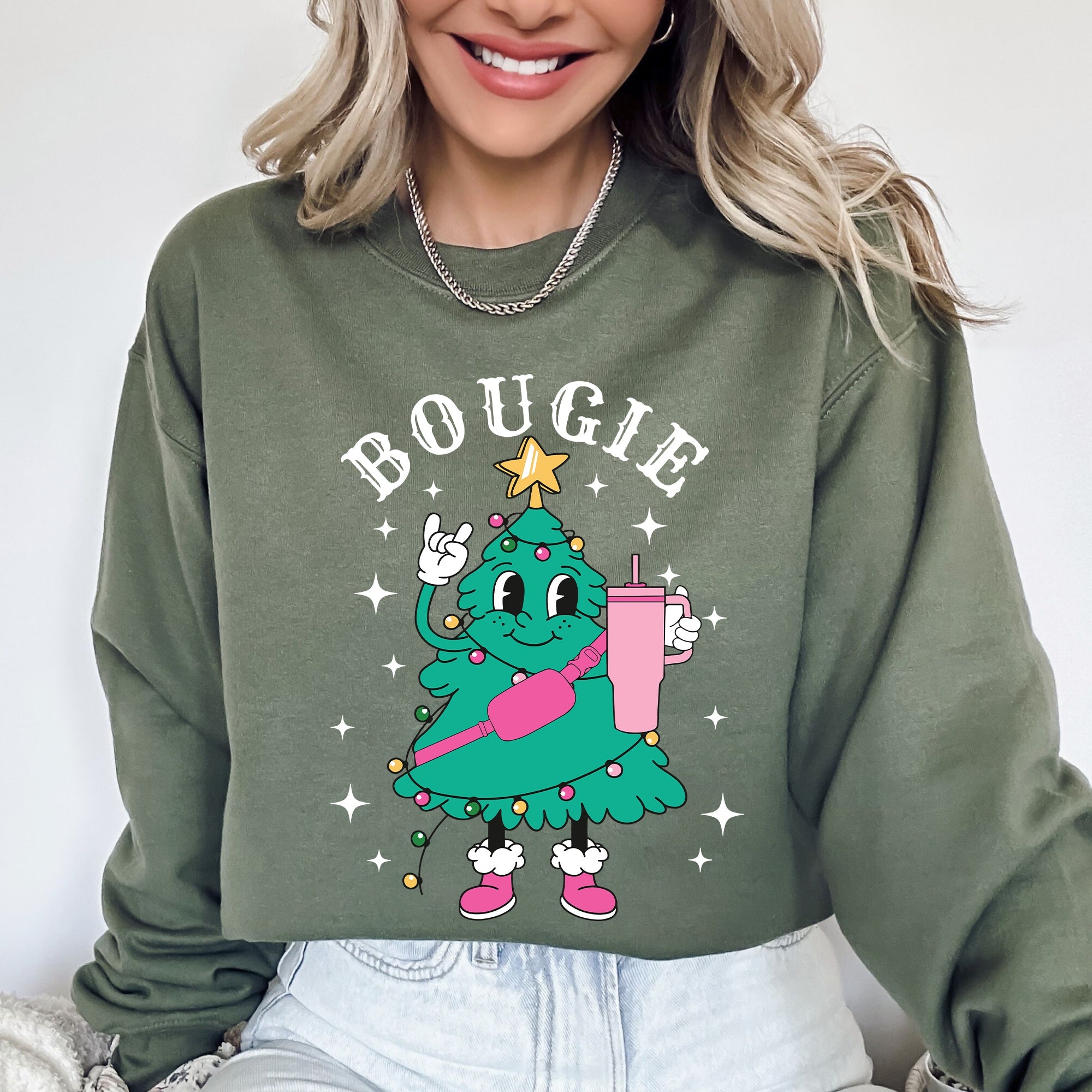 Bougie Christmas Tree Santa Winter Snow Xmas Cozy Festive Holiday Graphic Sweatshirt