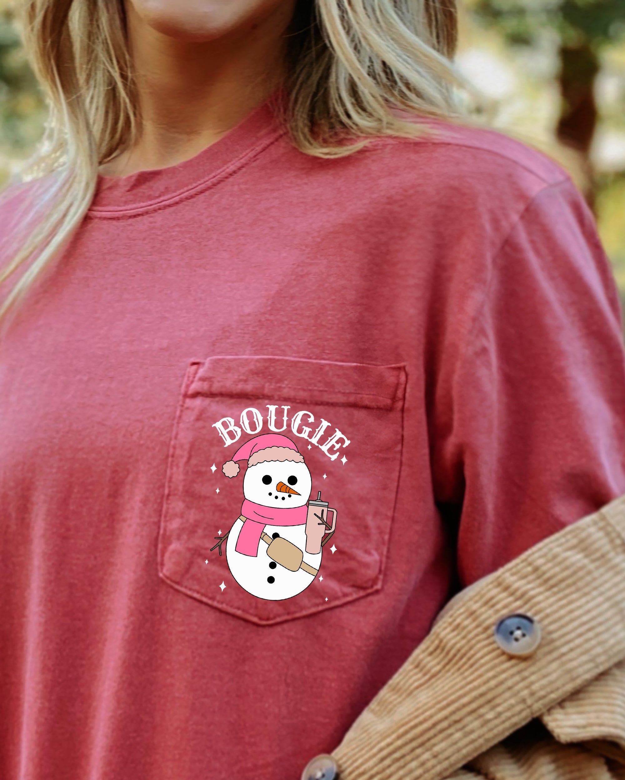Bougie Snowman Christmas Santa Claus Winter Snow Xmas Festive Pocket Illustration Comfort Colors Tee