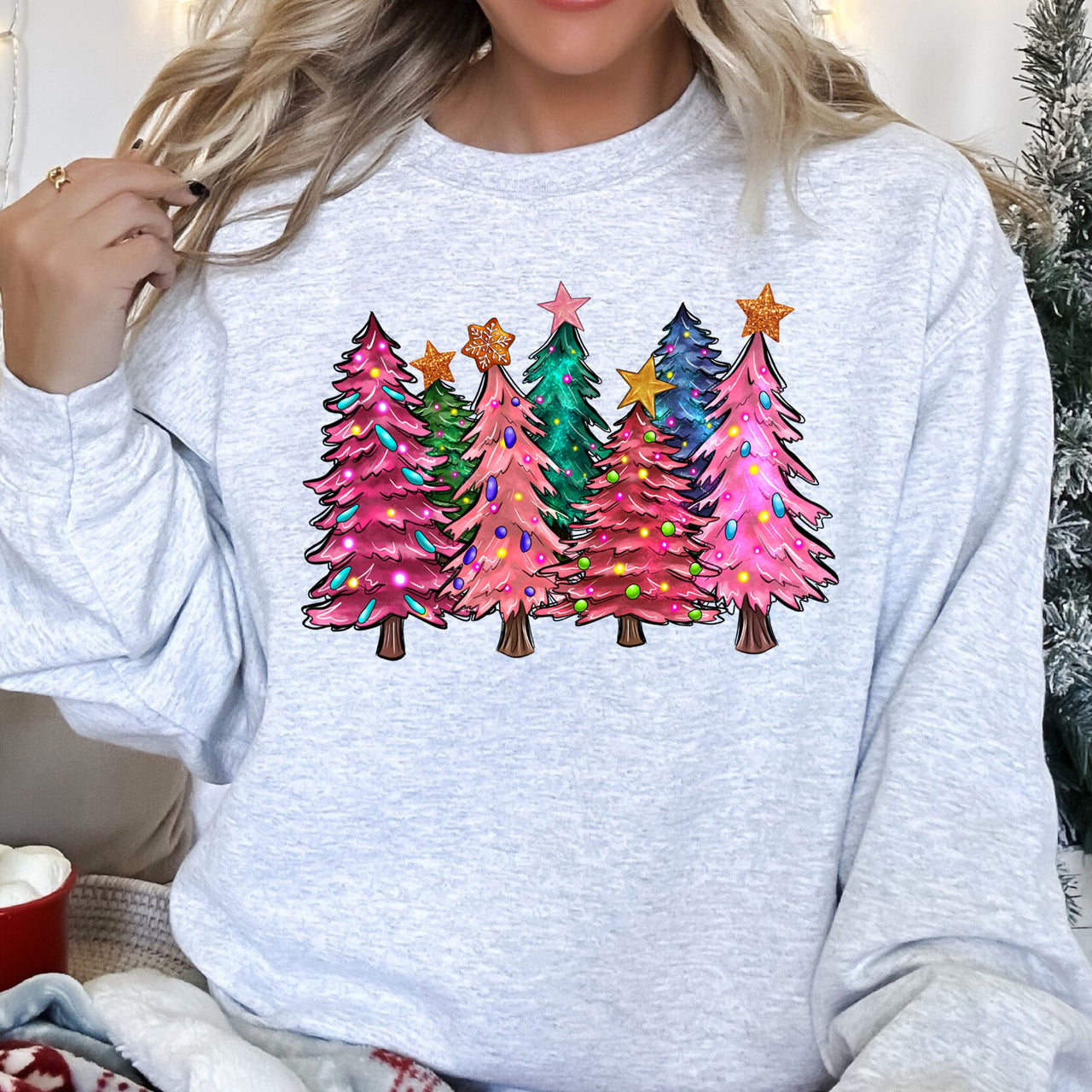 Bright Christmas Trees Festive Night Sky With Ornaments And Pinecones Graphic Sweatshirt