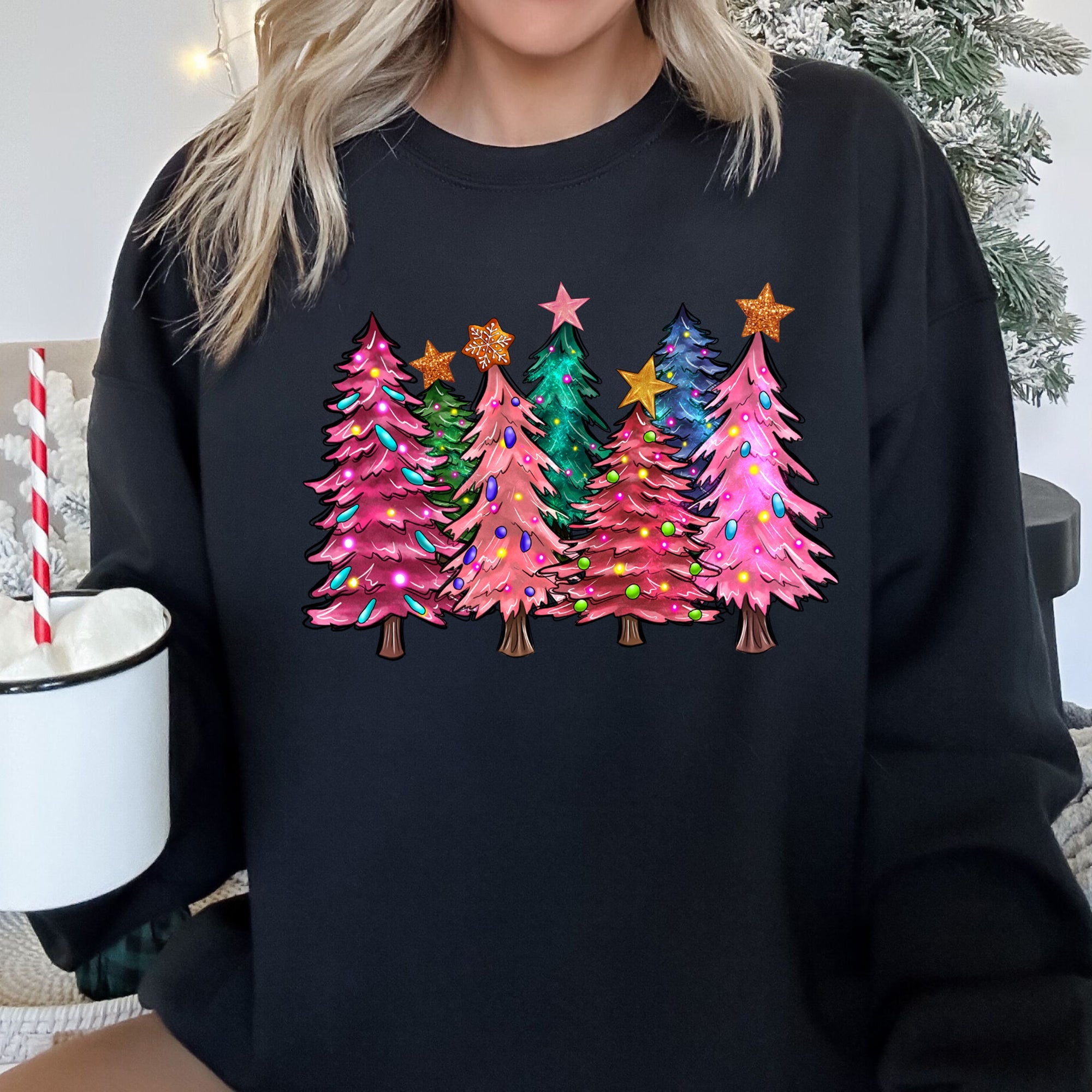 Bright Christmas Trees Festive Night Sky With Ornaments And Pinecones Graphic Sweatshirt