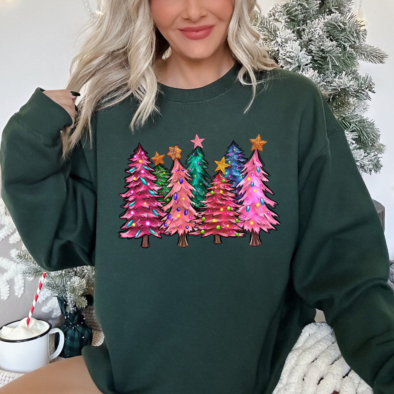 Bright Christmas Trees Festive Night Sky With Ornaments And Pinecones Graphic Sweatshirt