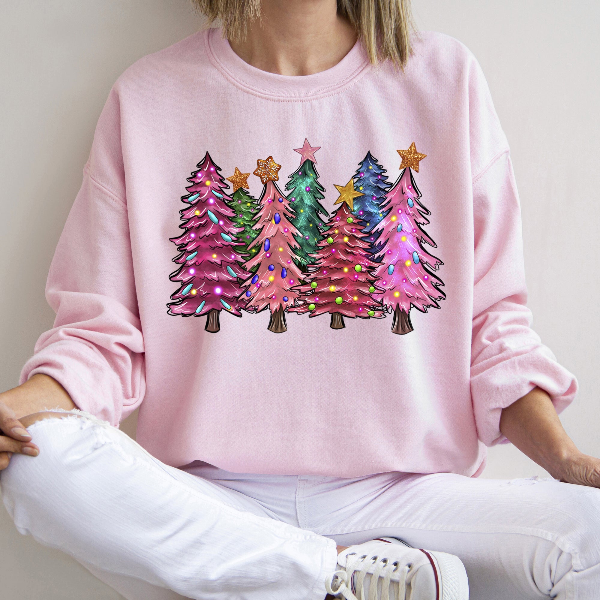 Bright Christmas Trees Festive Night Sky With Ornaments And Pinecones Graphic Sweatshirt