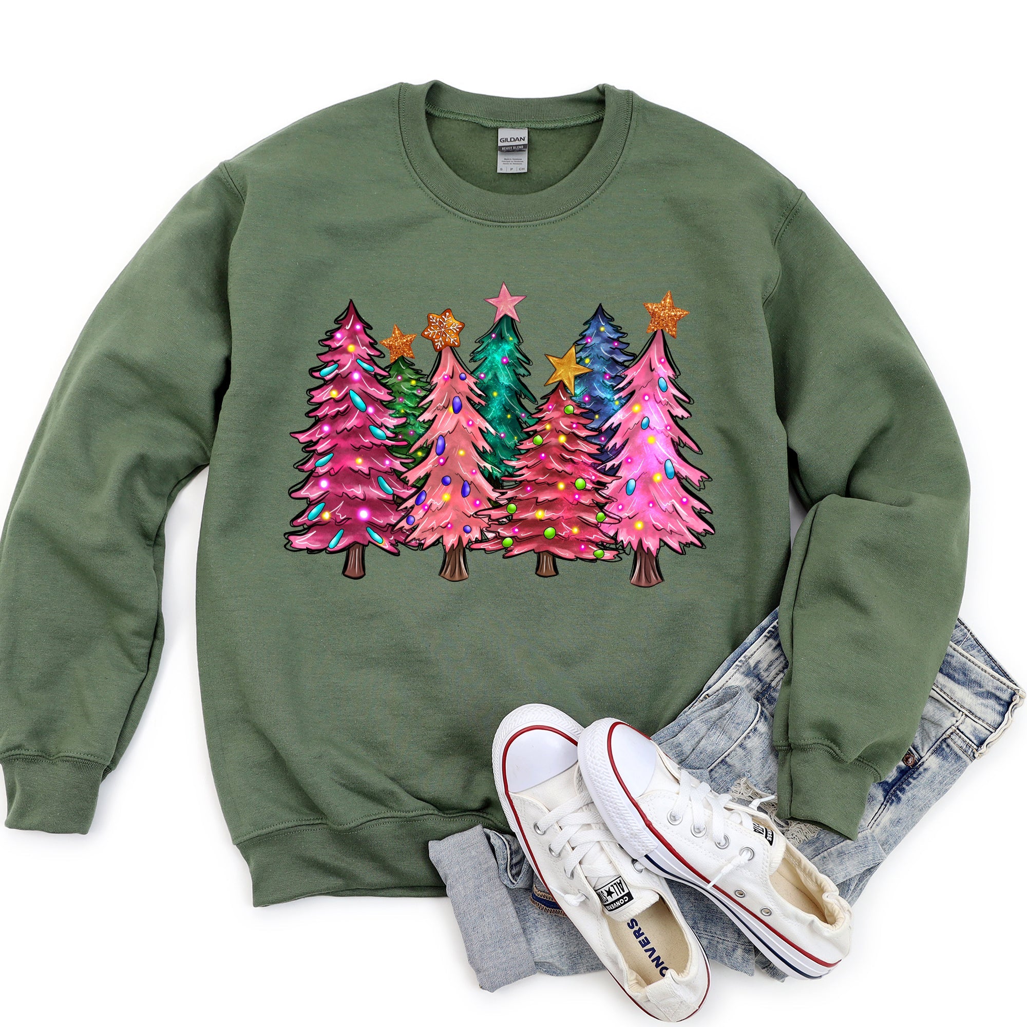 Bright Christmas Trees Festive Night Sky With Ornaments And Pinecones Graphic Sweatshirt